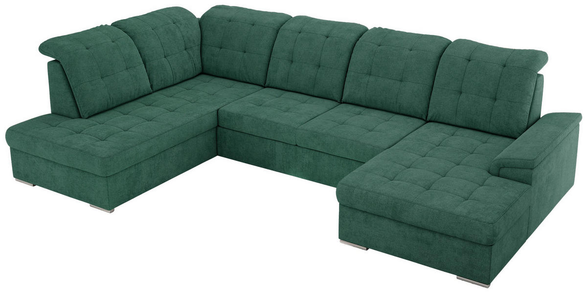 WOHNLANDSCHAFT MADRITO U - Grün Struktur - Links - Silberfarben/Grün, Textil/Metall (204/89/323cm) - MKS