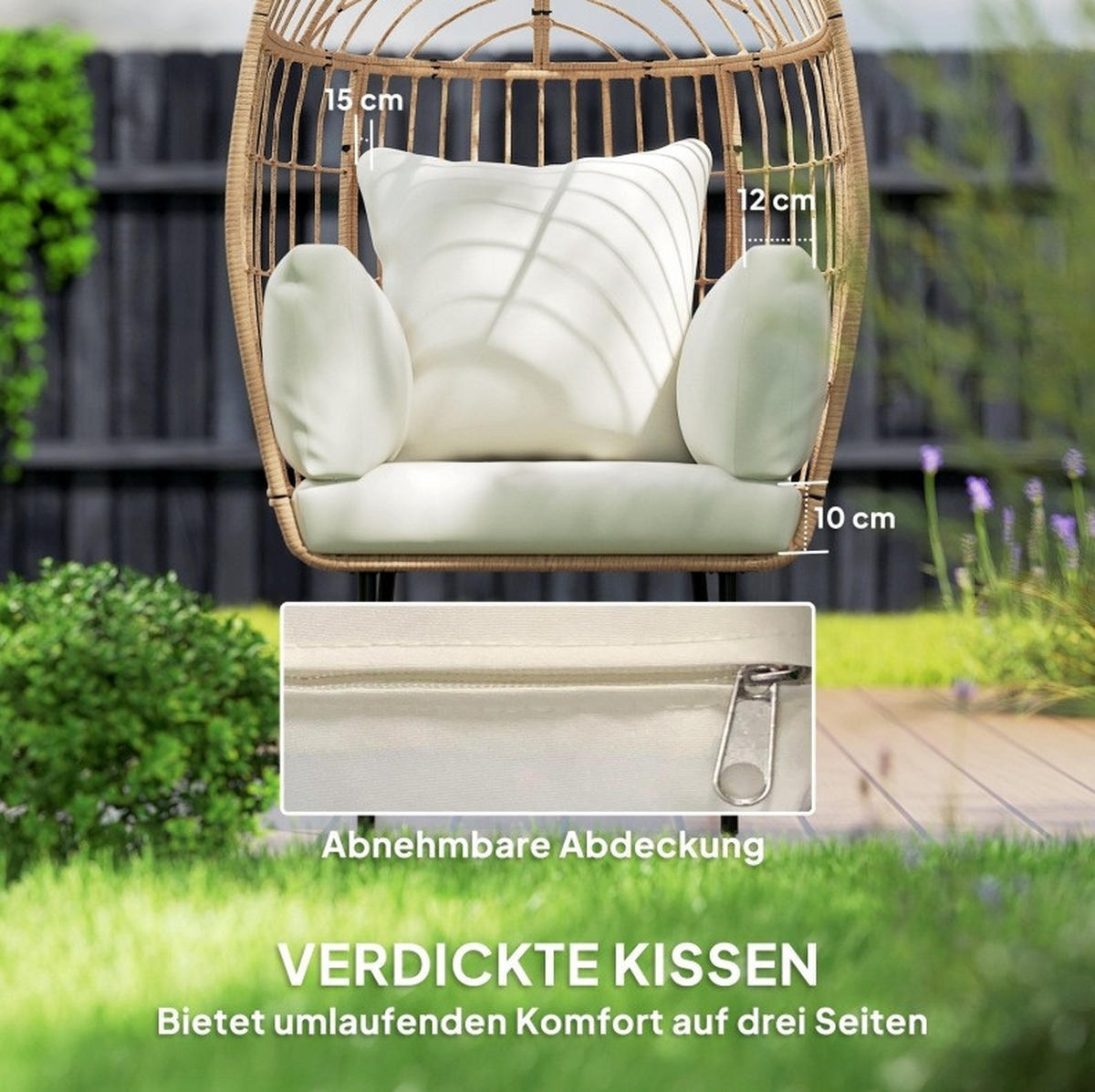 GARTENSTUHL aus Rattan 95x80x155 cm in Beige mit abnehmbaren Kissen - Beige, Metall (95/155/80cm) - Modfu