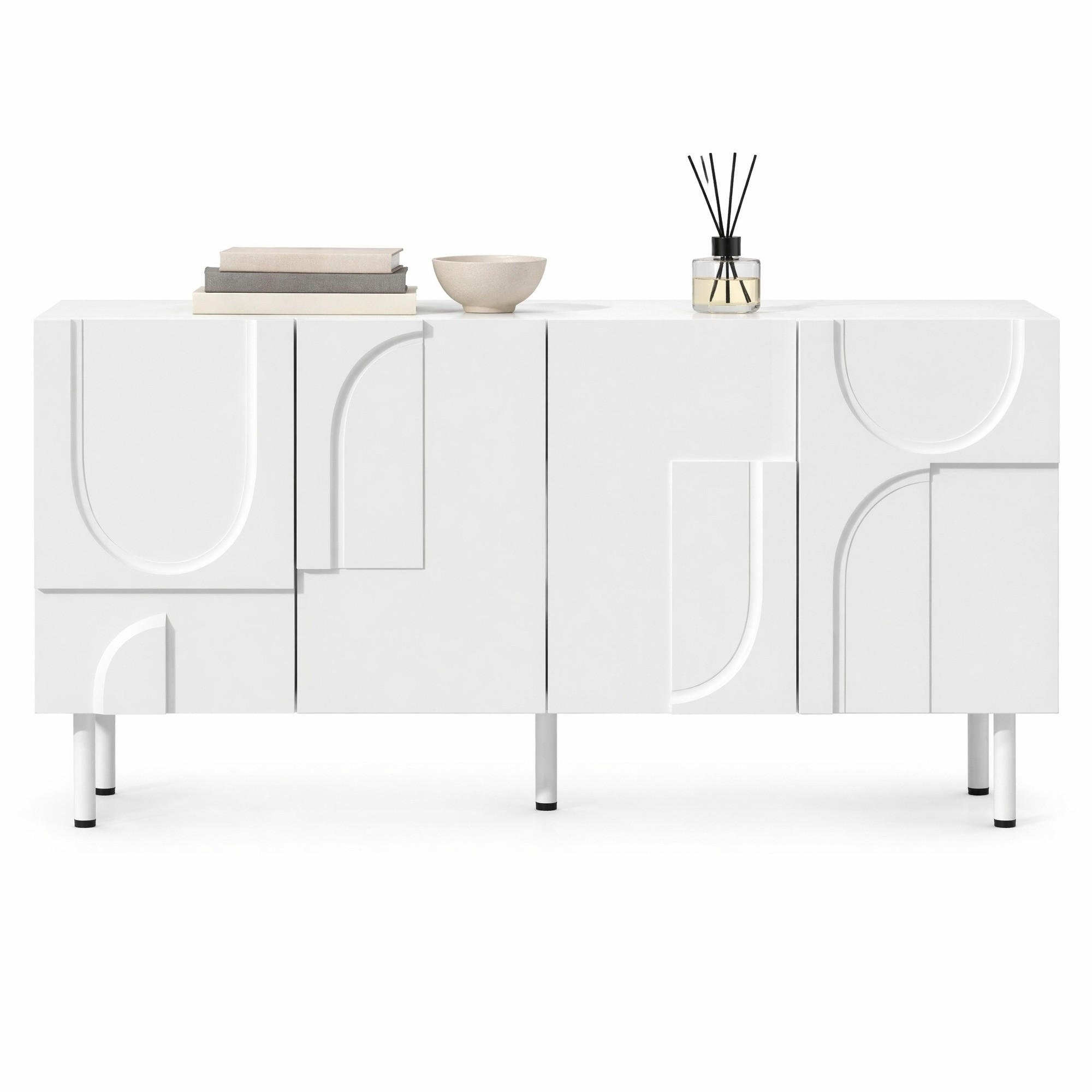 SIDEBOARD in Weiß mit geometrischen Kurven, mehrfachen Stauraumlösungen , B160/T38.5/H70 cm - Weiß, Holzwerkstoff/Metall (160/70/38.7cm) - STILVORA