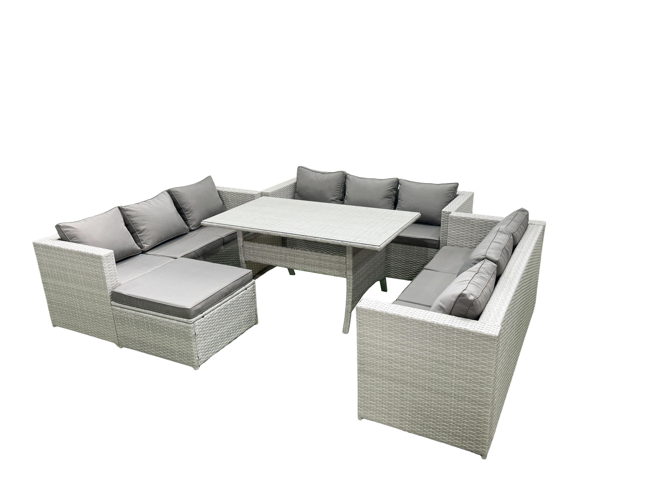 GARTENSET mit Esstisch,Sofa,Großer Fußhocker Polyrattan Hellgrau 10-Sitzer - Hellgrau/Grau, Glas/Kunststoff - Fimous