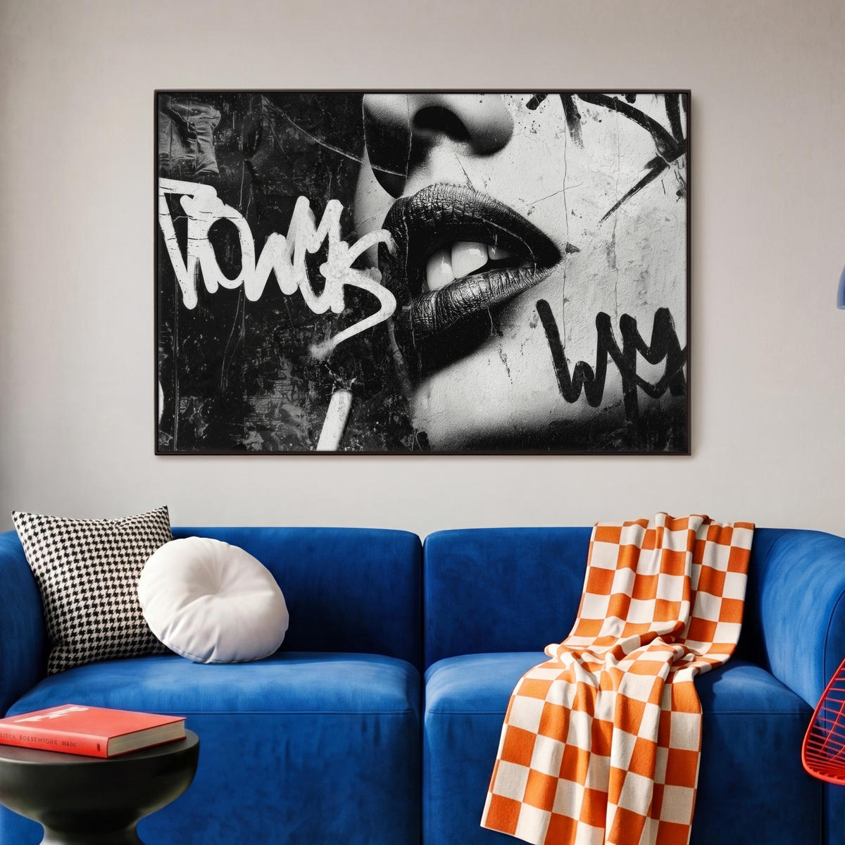 LEINWAND Bilder mit Rahmen - Gesicht - Mund - Graffiti - Schwarz - 90x60 - Schwarz, Textil (90/60cm) - MuchoWow