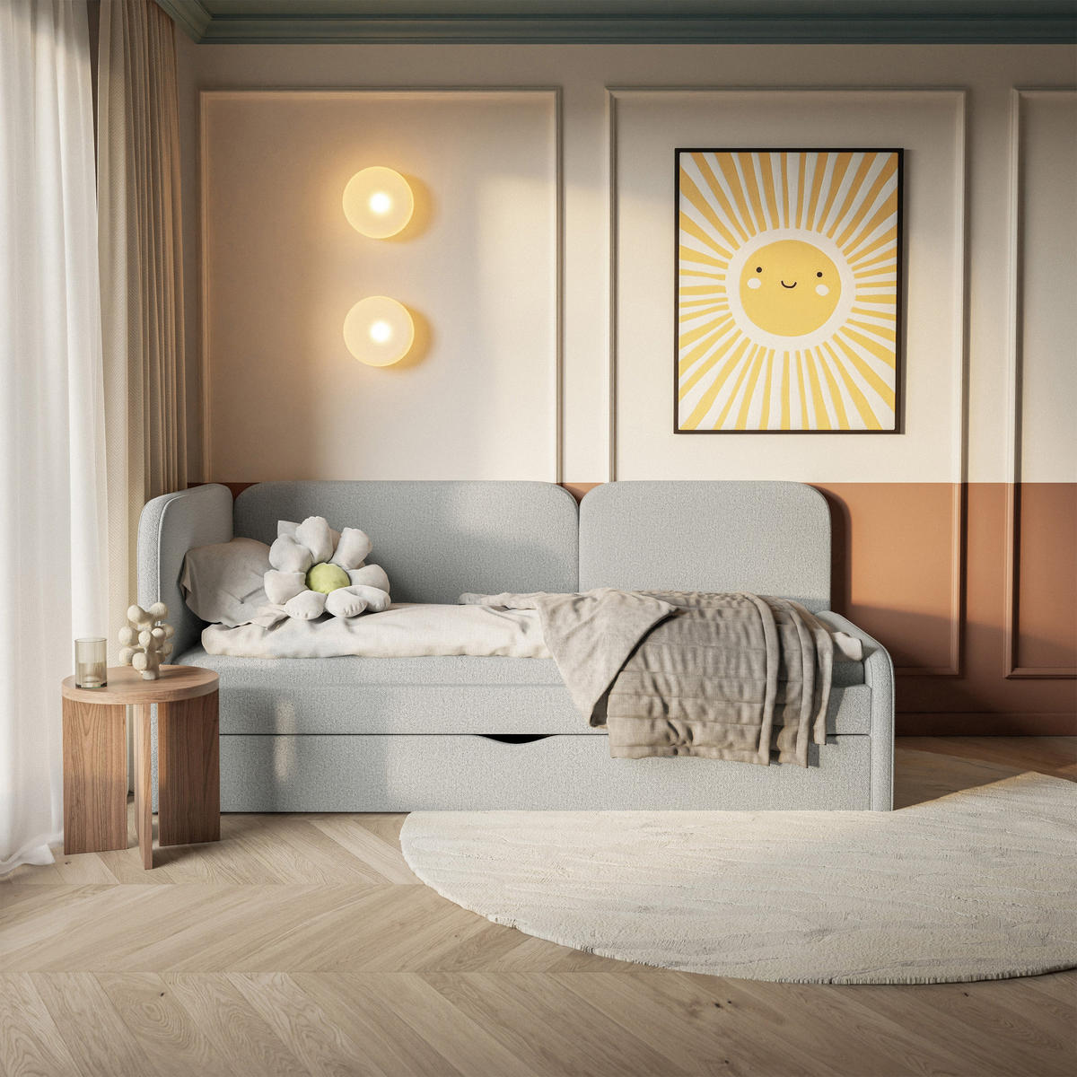 ČALOUNĚNÁ postel Cuddy, čelo vlevo, pletená látka greige, 90x200 cm - černá/šedohnědá, textil/plast (90/200cm) - Selsey