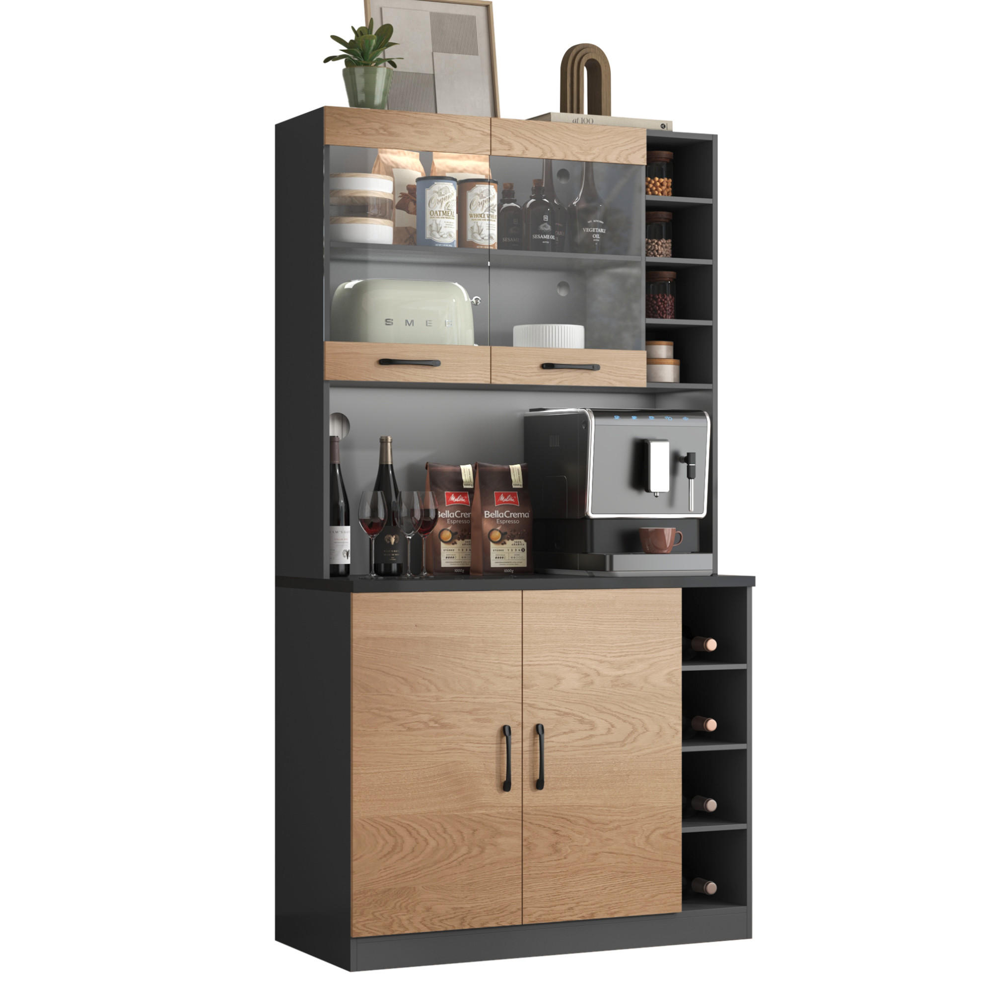 BUFFET Aufbewahrungsschrank 100x47x187cm Natur mit Glas & LED Beleuchtung - Naturfarben, Holzwerkstoff (100/187/47cm) - Modfu