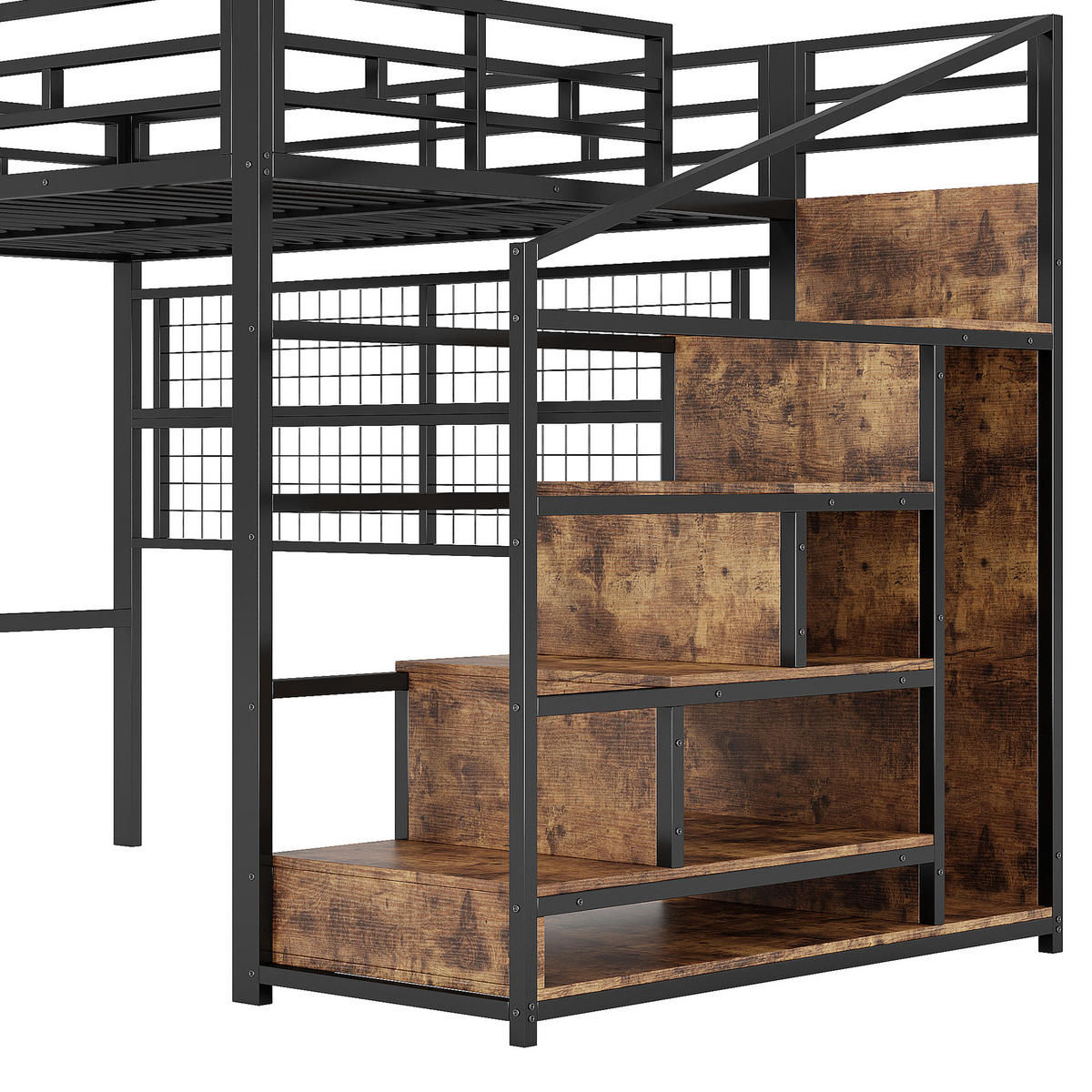 HOCHBETT 140 x 200cm mit Kleiderschrank, Stauraumleiter, 7-farbige LED-Leuchten, ohne Matratze, Schwarz - Schwarz, Metall (140/200cm) - KOMHTOM