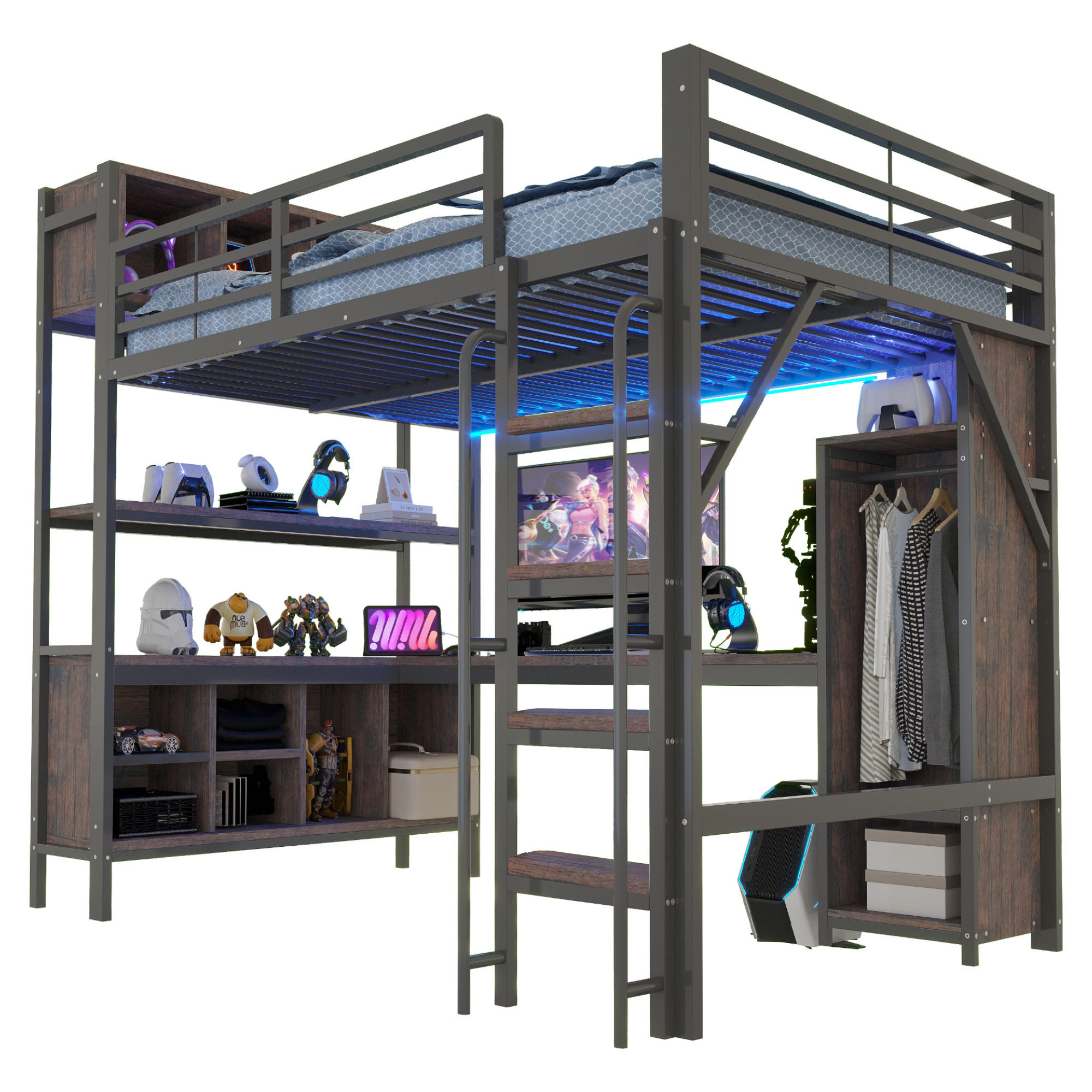 HOCHBETT 140/200 cm in Schwarz mit Schreibtisch, Kleiderschrank, Ablagefächern und LED Metall Design - Schwarz, Holzwerkstoff/Metall (140/200cm) - STILVORA