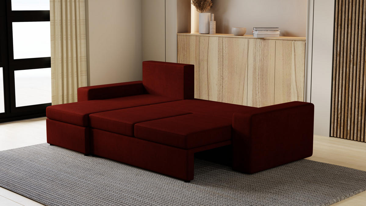 ECKSOFA Paco mit Bettkasten und Schlaffunktion, L-Form/XL-Form, Velourstoff, Universal - Weinrot, Holzwerkstoff (246/145cm) - 4ALL HOME
