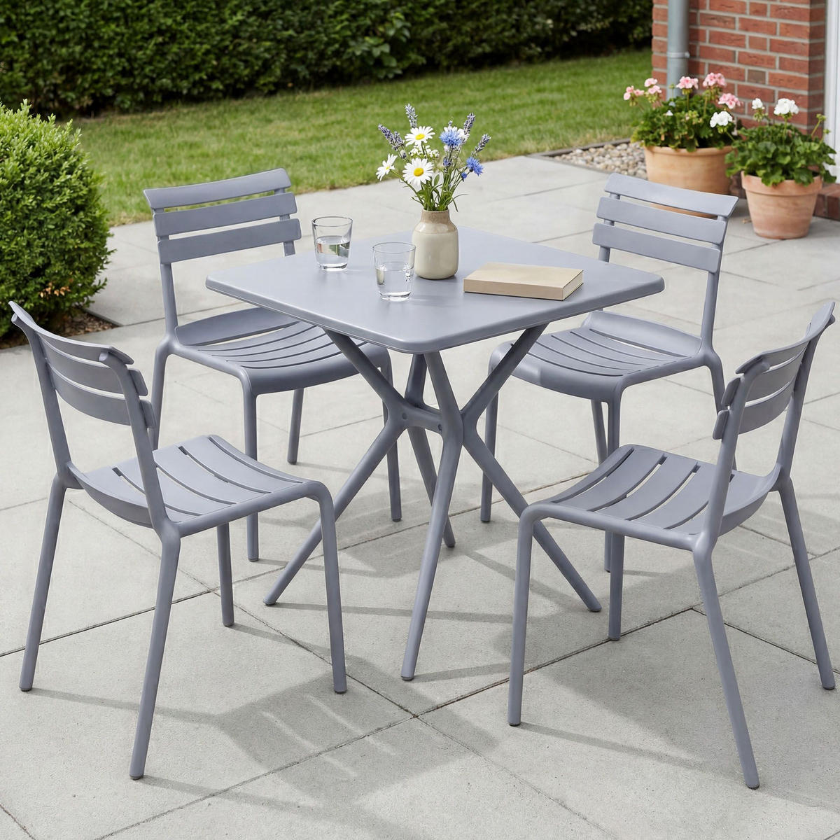 GARTENMÖBEL-SET Klara 4 Stühle 190x190x82cm Kunststoff Grau Balkonset - Grau, Kunststoff - DELUKE