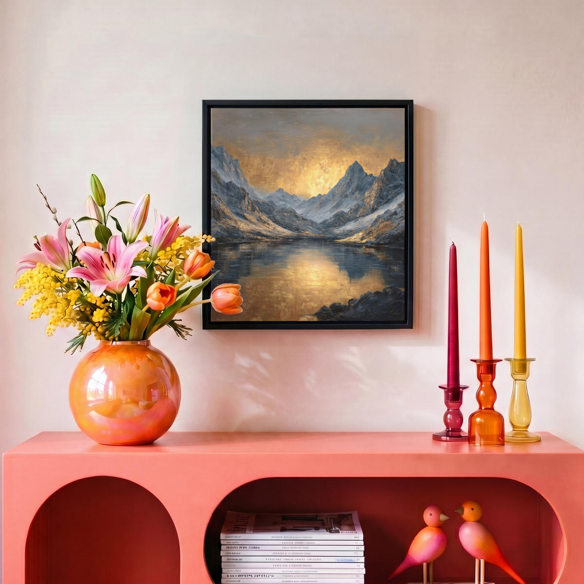 LEINWAND Bilder mit Rahmen - Bergkulisse mit goldenem Sonnenuntergang - 20x20 - Goldfarben, Textil (20/20cm) - MuchoWow