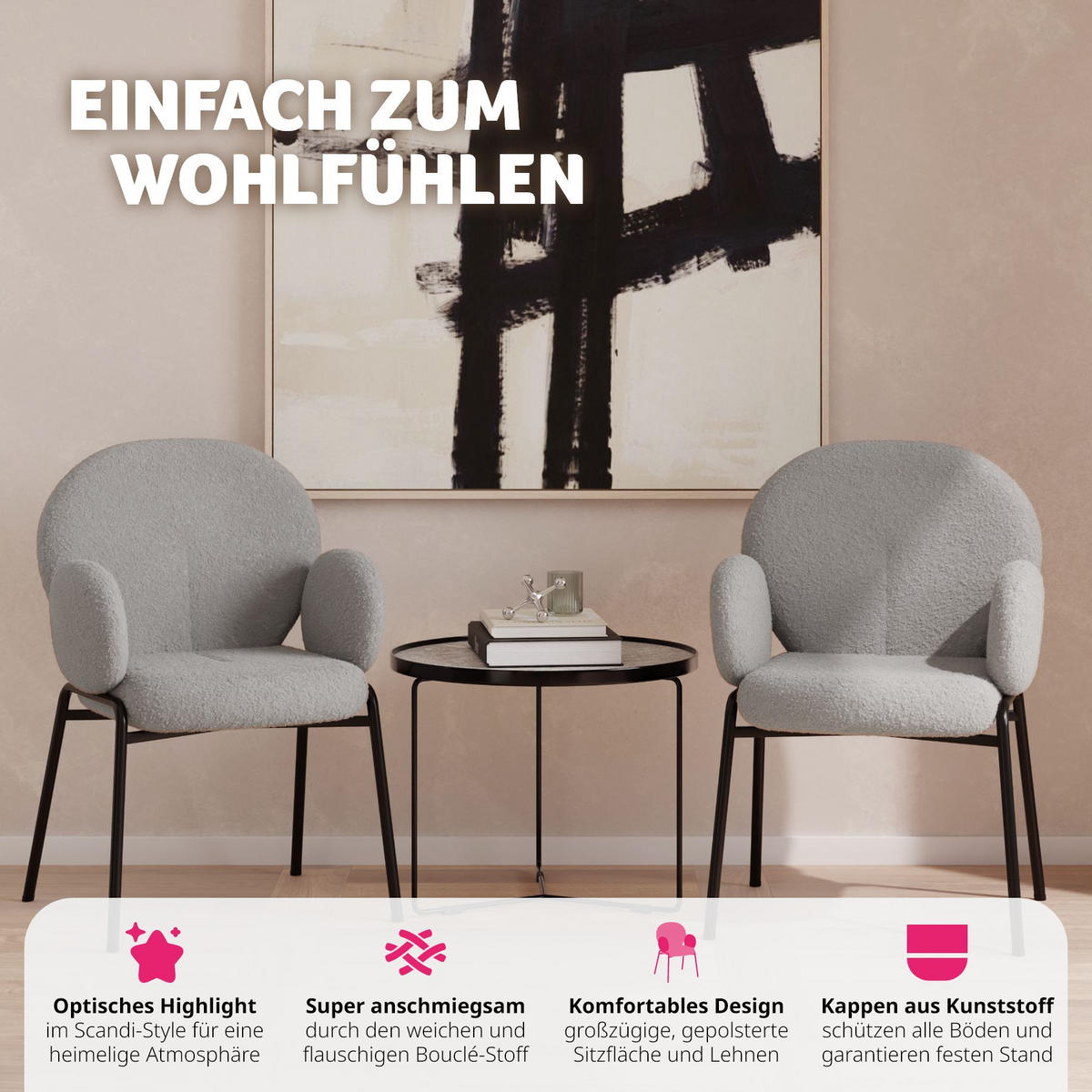 STUHL 2er Set Scandi Belastbarkeit 120 kg 61 5 x 62 x 90 - Hellgrau, Kunststoff (62/90/61.5cm) - tectake