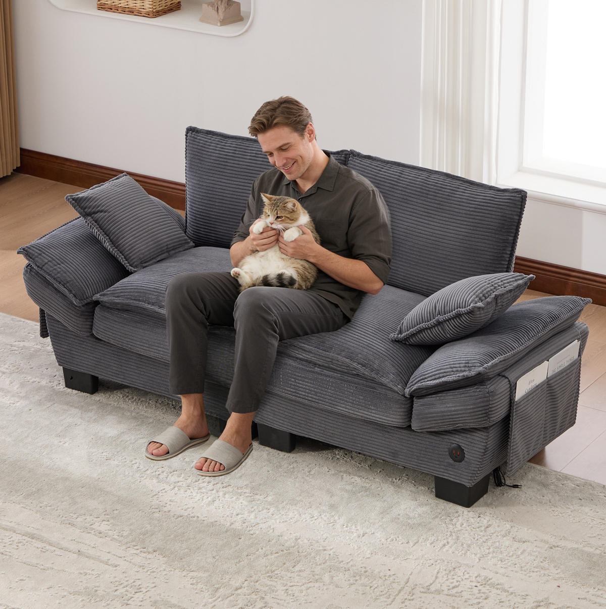 2-SITZER Sofa aus Cord 190x73x84 cm in Dunkelgrau mit USB-C & Seitentaschen - Dunkelgrau, Textil (73/84/190cm) - Modfu