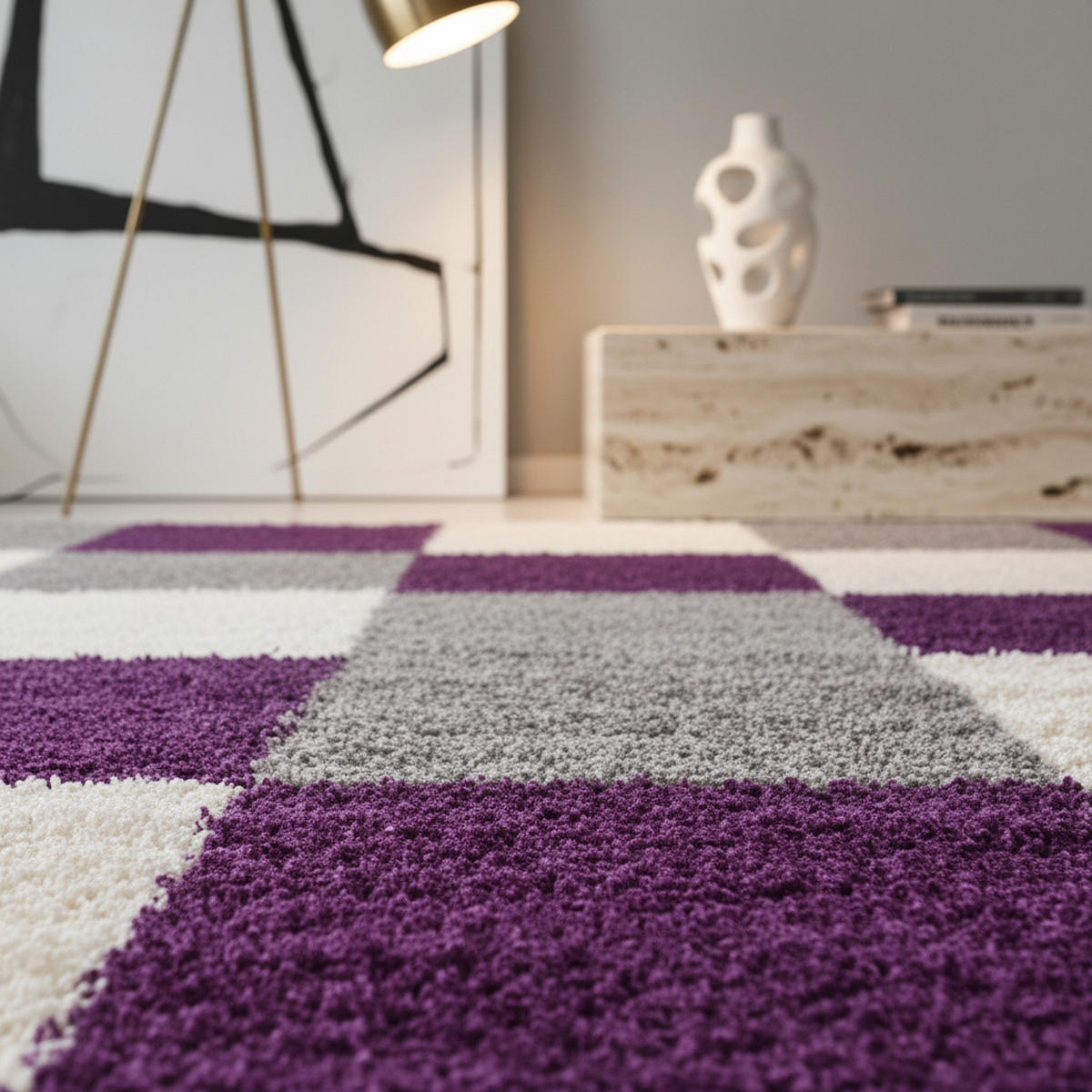 TEPPICH Hochflor Karo Polypropylen Wohnzimmer Shaggy Violett Läufer 60x110 - Lila, Textil (60/110cm) - KADIMA DESIGN
