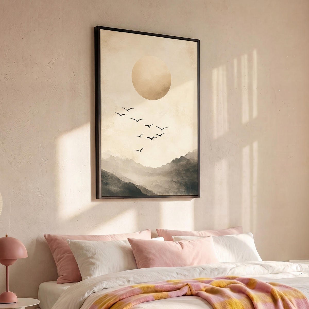 LEINWAND Bilder mit Rahmen - Landschaft - Japandi - Vogel - 100x150 - Beige, Textil (100/150cm) - MuchoWow