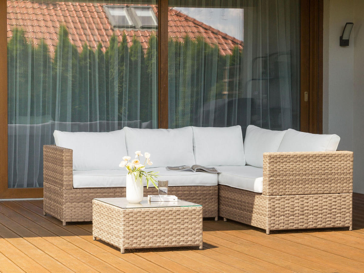 LOUNGE-SET 4-sitzer rechtsseitig PE Rattan Cremeweiß Avola - Weiß/Naturfarben, Kunststoff - Beliani