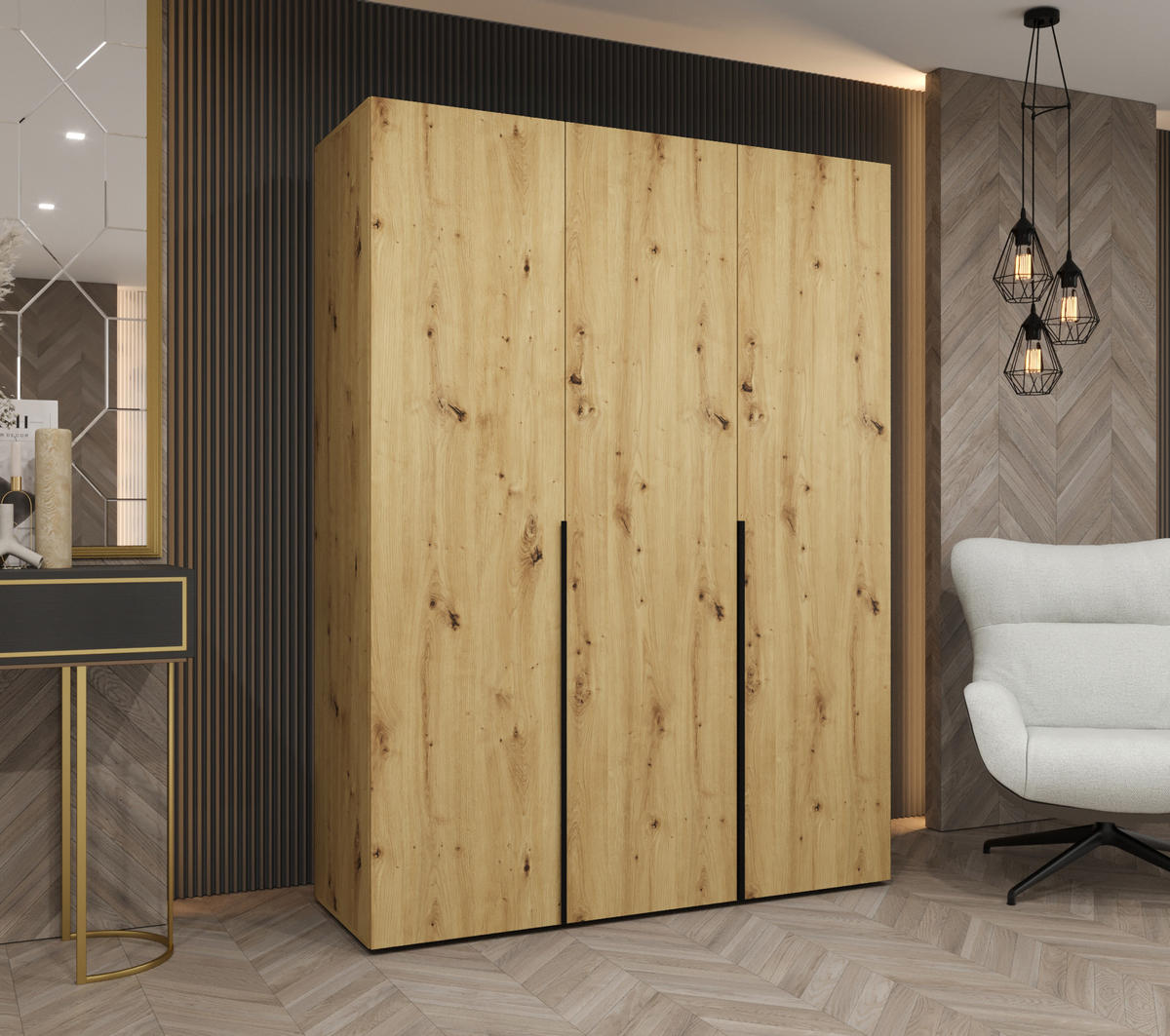DREHTÜRENSCHRANK 202/150/52 3-türig - Schwarz/Eiche Artisan, Holz (150/202/52cm) - Abiks Möbel