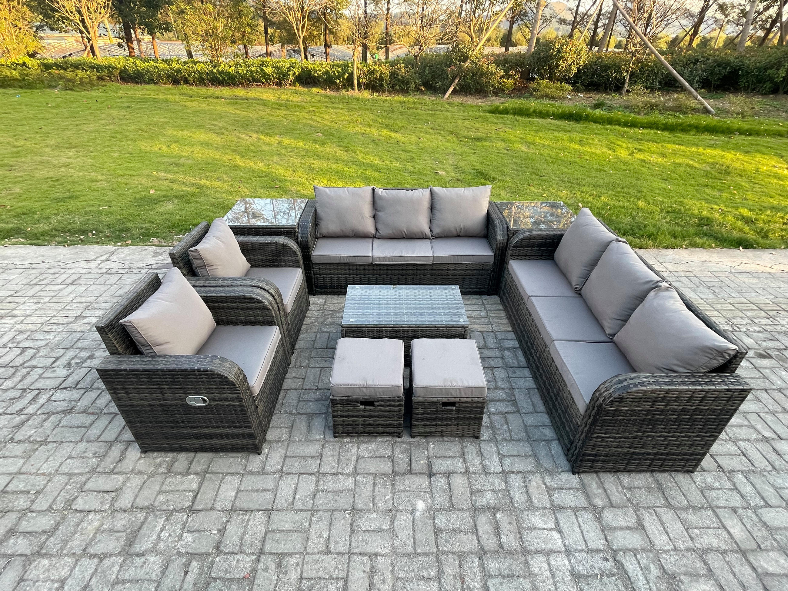 GARTENMÖBEL-SET mit Kissen Polyrattan Dunkelgrau 10-Sitzer - Dunkelgrau/Grau, Glas/Kunststoff - Fimous