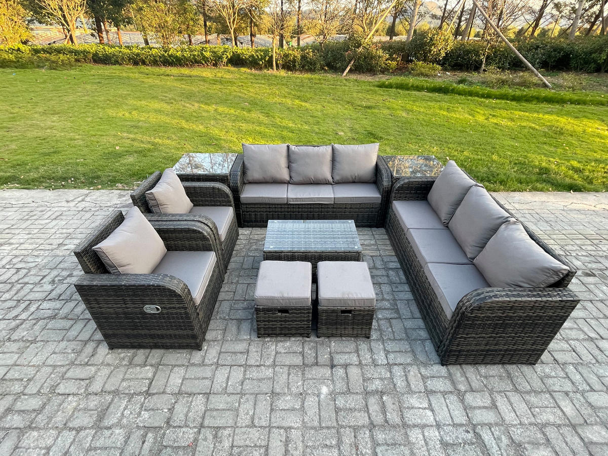 GARTENMÖBEL-SET mit Kissen Polyrattan Dunkelgrau 10-Sitzer - Dunkelgrau/Grau, Glas/Kunststoff - Fimous