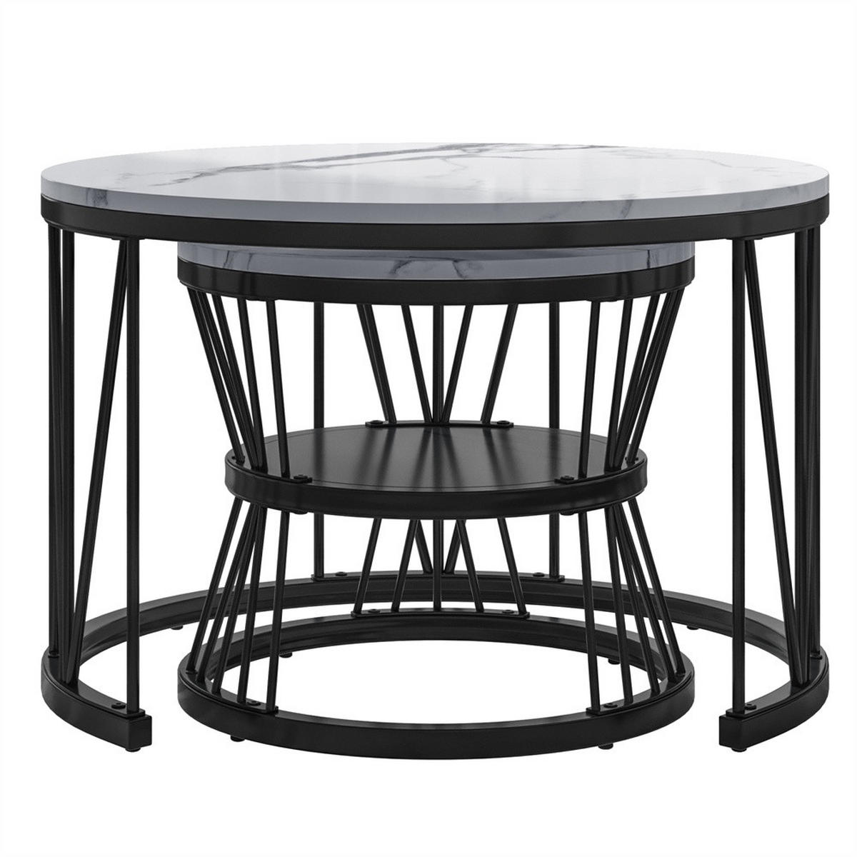 COUCHTISCH 2er-Set - Runder Couchtisch in Marmoroptik mit V-Metallgestell - Weiß und Schwarz - Schwarz, Holzwerkstoff (70/70/45cm) - DELFA
