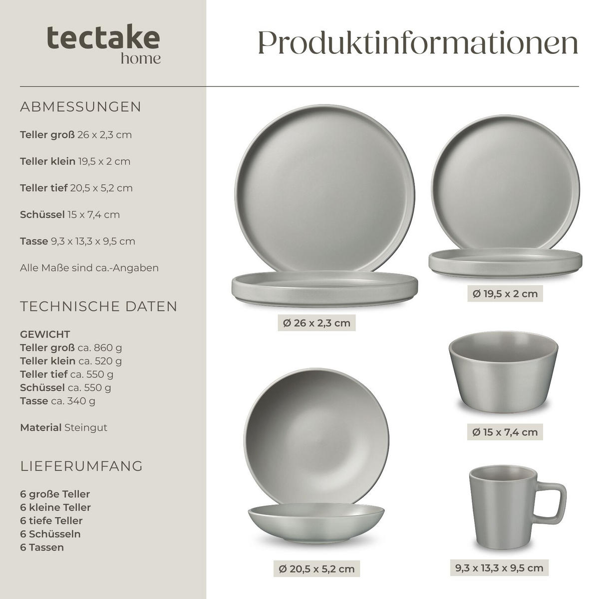 KOMBISERVICE Una, ineinander stapelbar, grau - Grau, Keramik (26/2.3/26cm) - tectake
