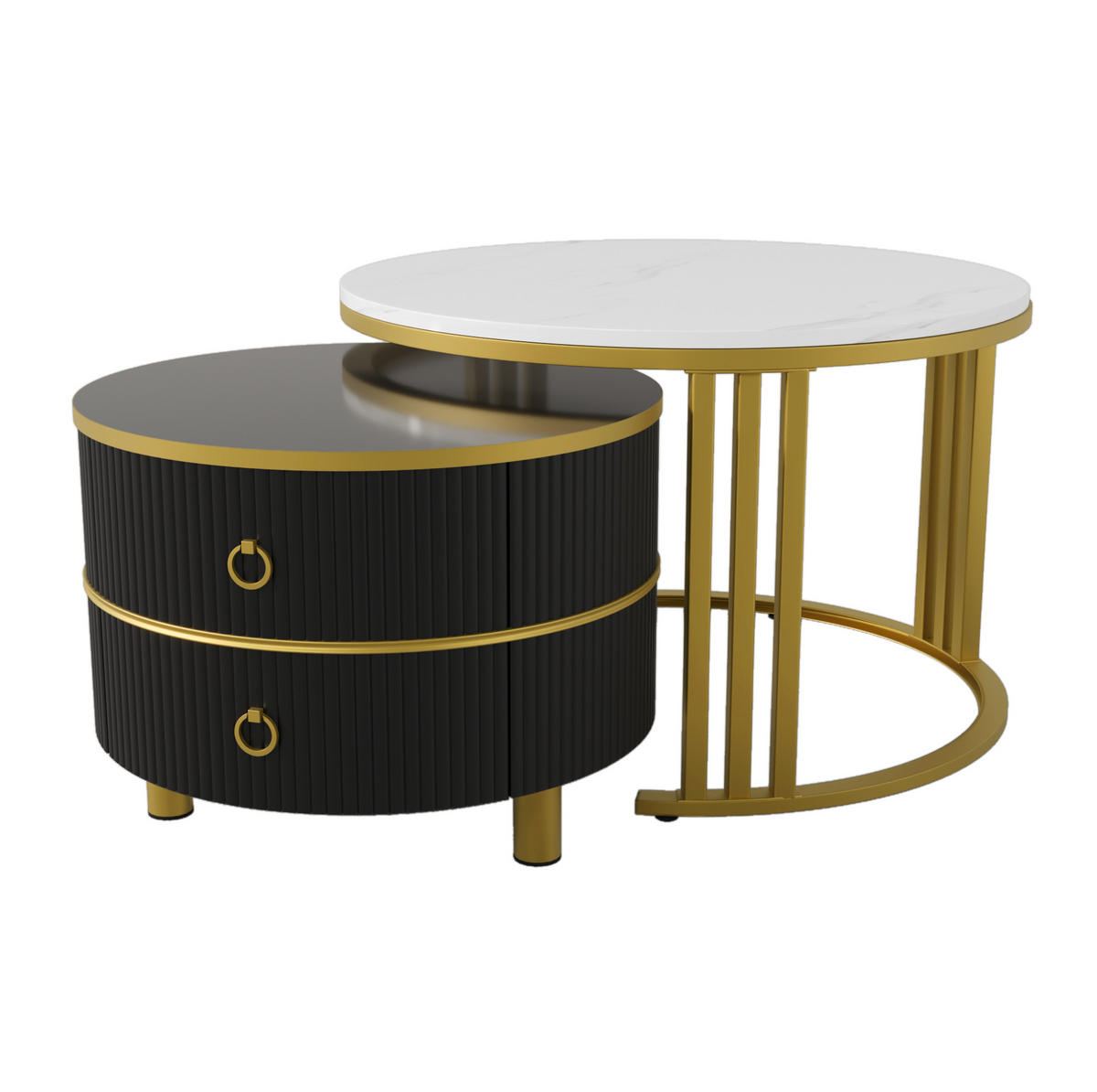 COUCHTISCH 2er-Set rund 70/50 cm MDF Schwarz mit 2 Schubladen - Schwarz, Metall (70/70/46cm) - Meubliv