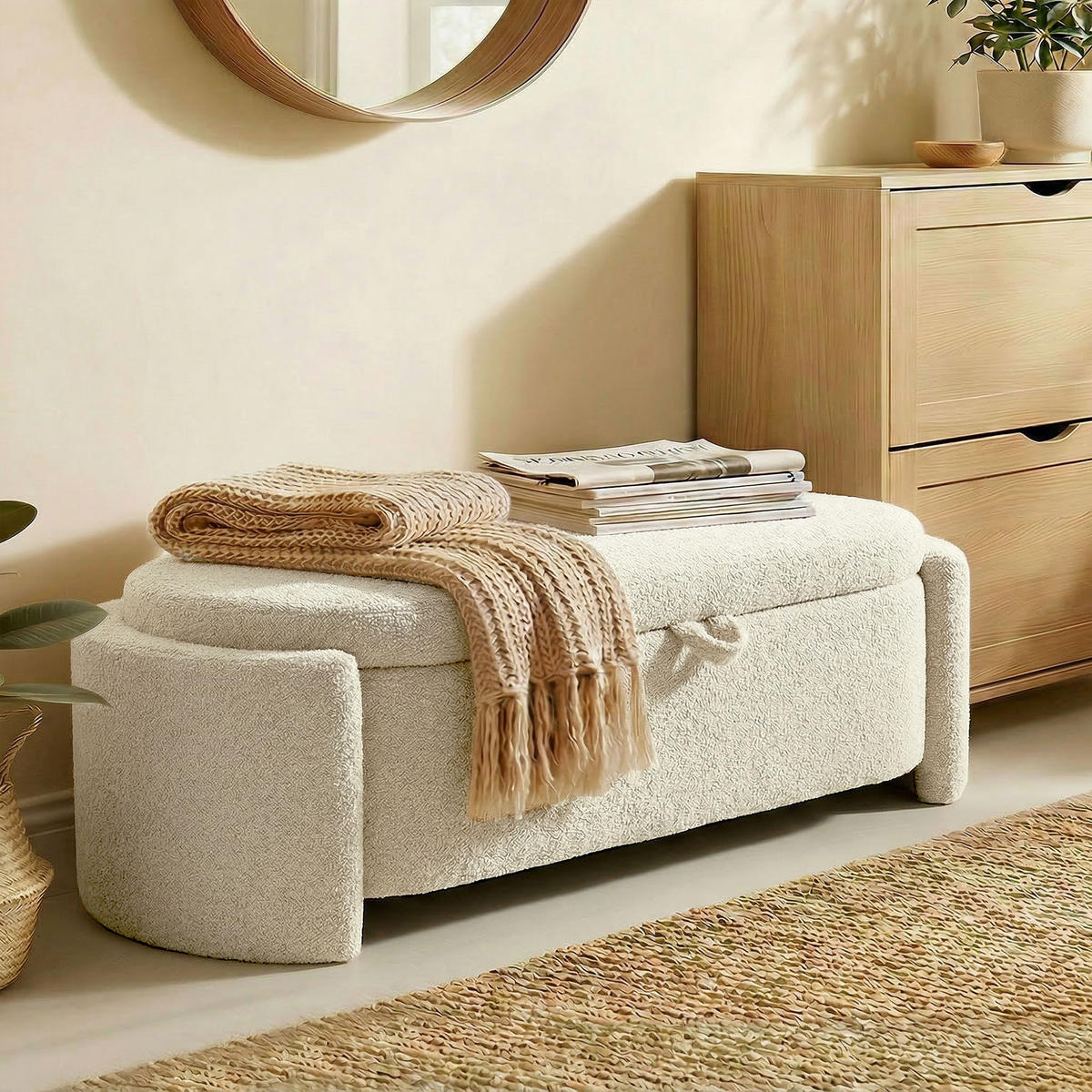 TRUHENBANK DE-16459 oval mit Teddyfell-Bezug und Stauraum Creme - Creme, Textil (129/44/48.5cm) - ComfortXL