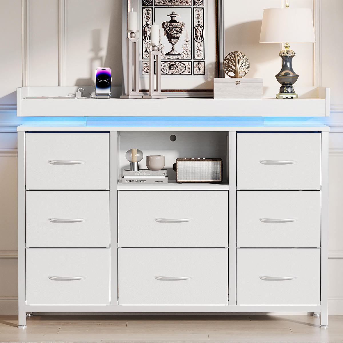 KOMMODE 8 Schubladen Weiß, RGB-LED, USB, Kippschutz - Weiß, Holz (30/82/108cm) - SHOPENTRA