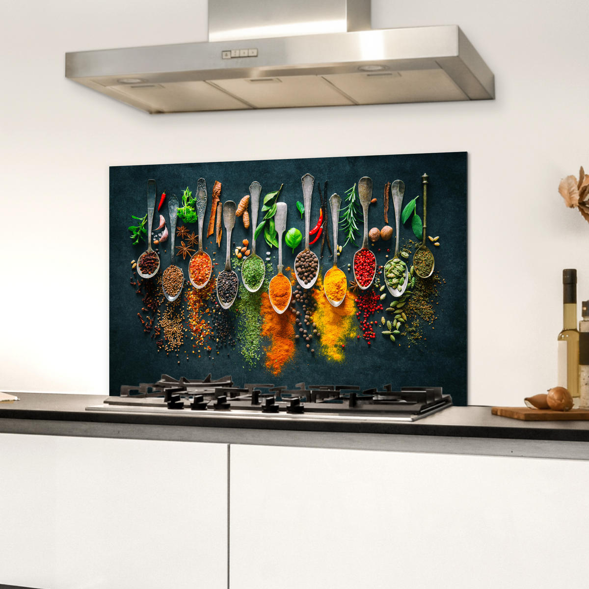 SPRITZSCHUTZ KÜCHE Kräuter - Gewürze - Löffel 70x50 cm - Multicolor, Metall (70/0.3/50cm) - MuchoWow