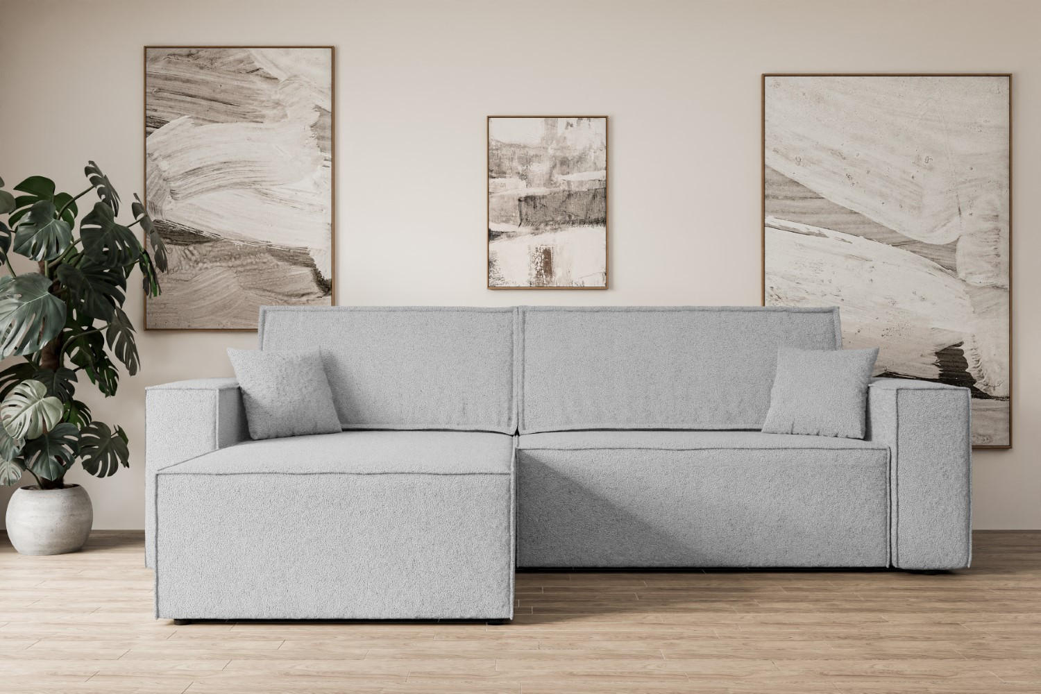 ECKSOFA mit Schlaffunktion und Bettkasten CELTIC-XL - 277x143x83 cm Hellgrau Bouclé - Hellgrau/Schwarz, Holzwerkstoff/Kunststoff (277/143cm) - ALTDECOR