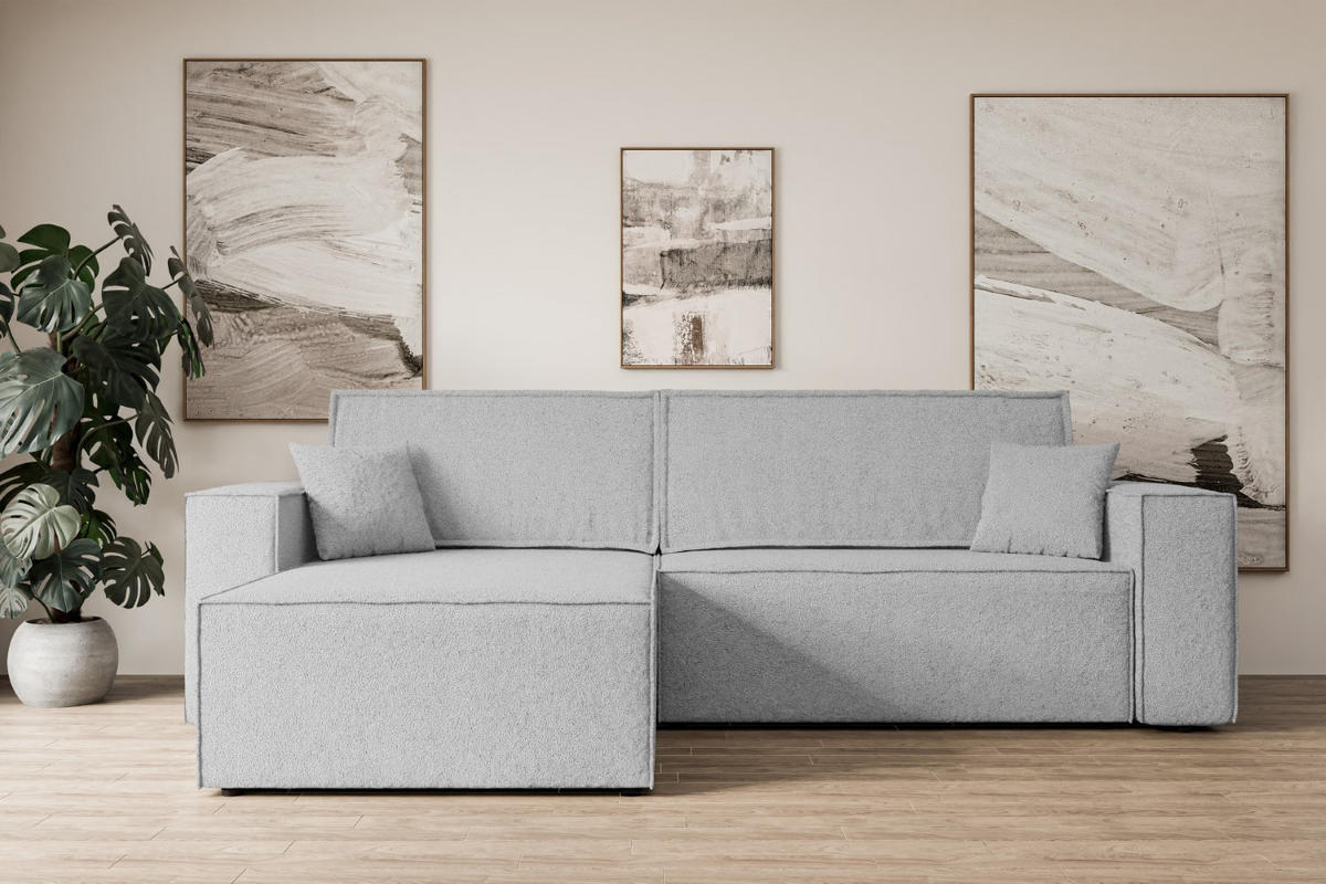 ECKSOFA mit Schlaffunktion und Bettkasten CELTIC-XL - 277x143x83 cm Hellgrau Bouclé - Hellgrau/Schwarz, Holzwerkstoff/Kunststoff (277/143cm) - ALTDECOR