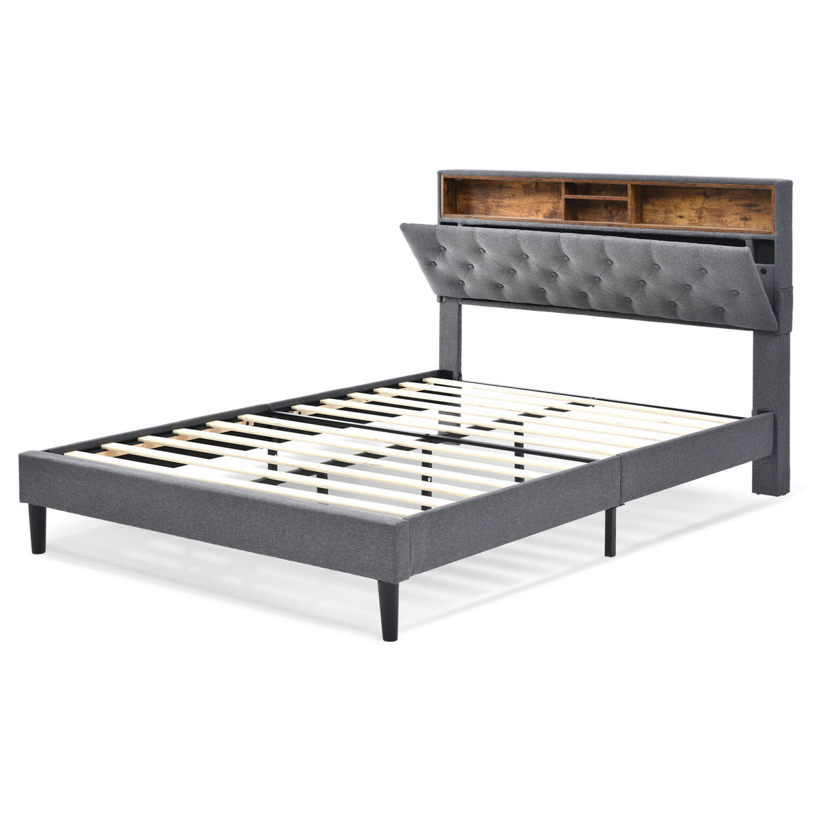 POLSTERBETT aus Massivholz 140x200 cm in Grau mit LED & Matratze - Grau, Holz (140/200cm) - Modfu