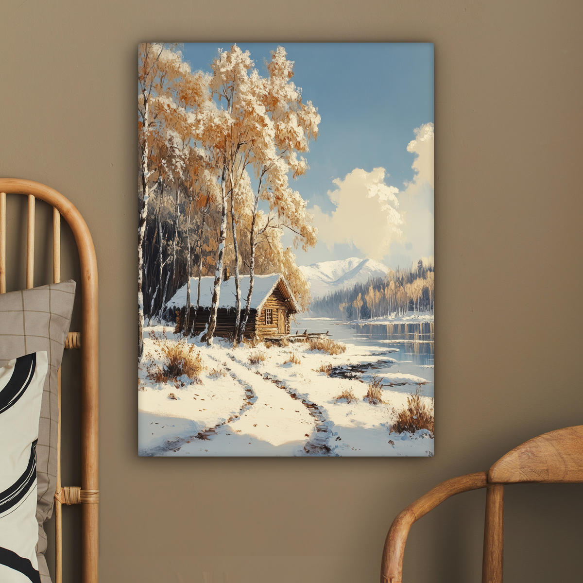 LEINWANDBILD Winter - Schnee - Zuhause - Natur 60x80 cm - Hellbraun, Textil (60/80cm) - MuchoWow