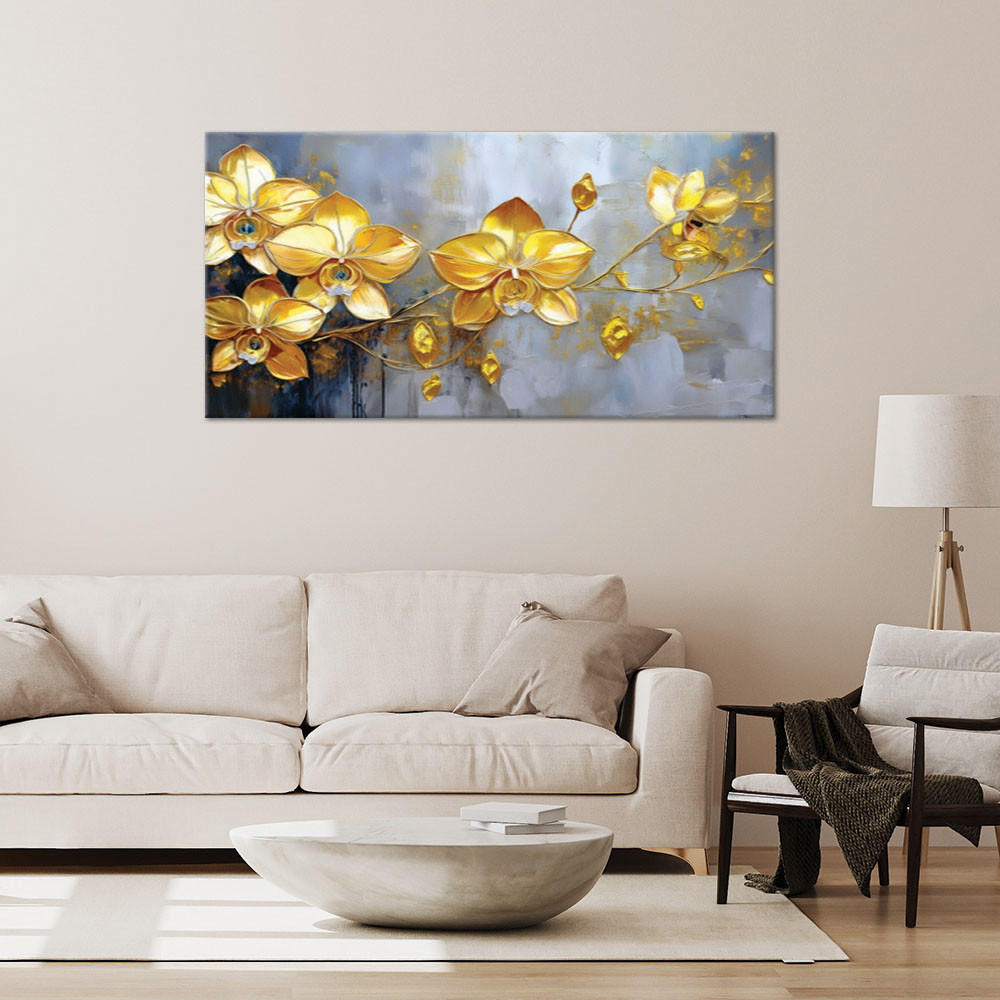 LEINWANDBILD Goldene Orchideen-Blumen-Glamour 120x60cm - Goldfarben, Textil (120/60cm) - Feeby