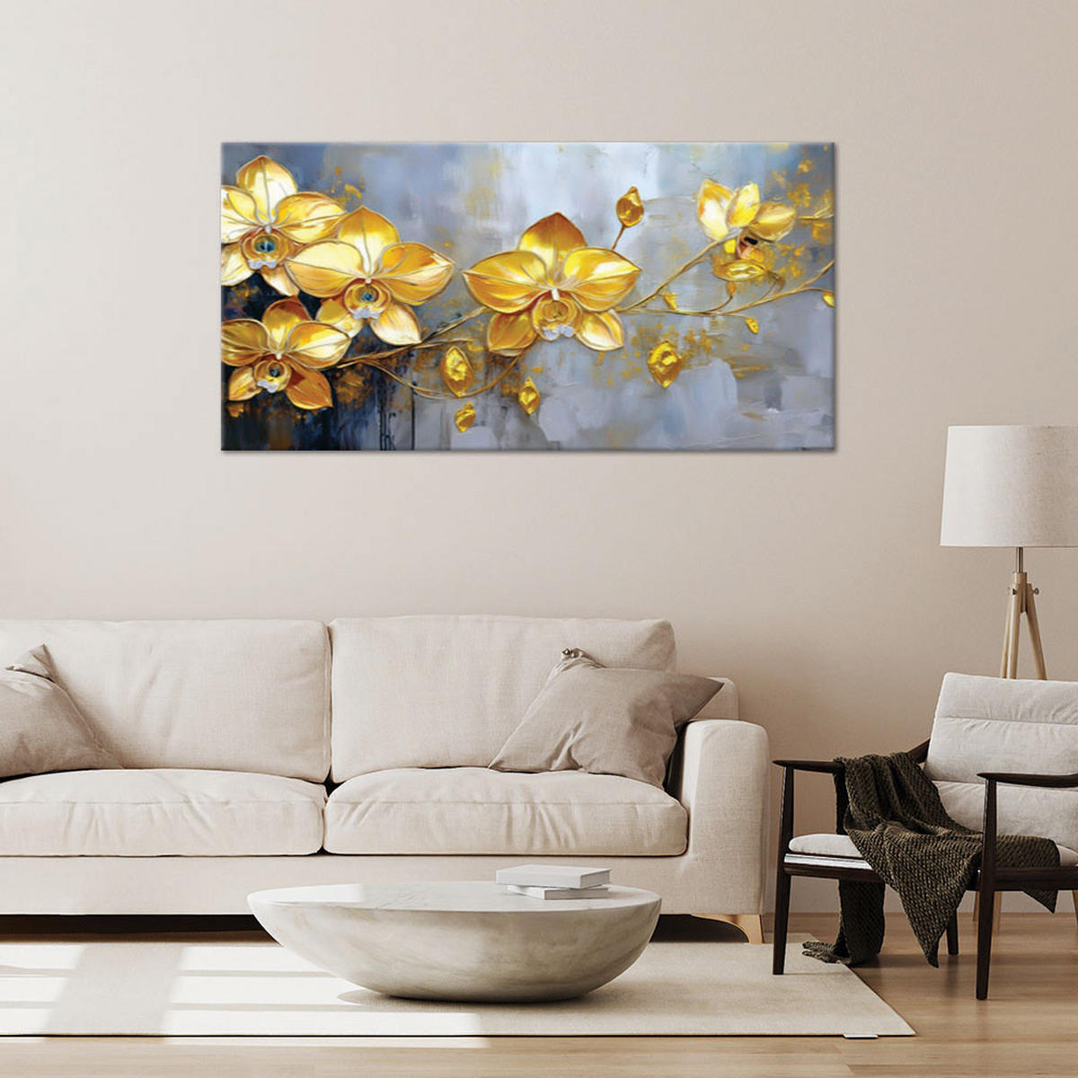 LEINWANDBILD Goldene Orchideen-Blumen-Glamour 120x60cm - Goldfarben, Textil (120/60cm) - Feeby