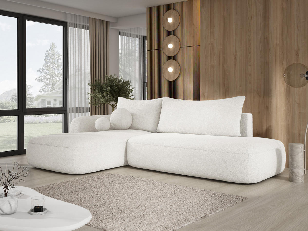 ECKSOFA BABU Mit Bettfunktion – Moderne Polsterecke Für Wohnzimmer Funktionales Schlafsofa Im Stoff NOW OR NEVER, 300x105x60cm, Linke, WEISS - Weiß, Holz/Textil (190/300cm) - DomoHome