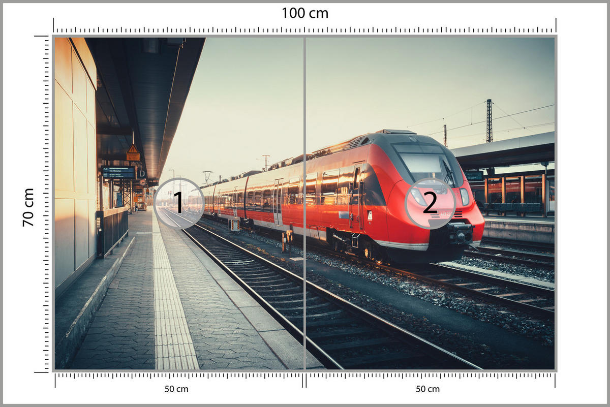 FOTOTAPETE für Wohnzimmer Moderner Roter Zug Bahnhof Geleise 100x70 - Rot/Braun, Papier (100/70cm) - Muralo