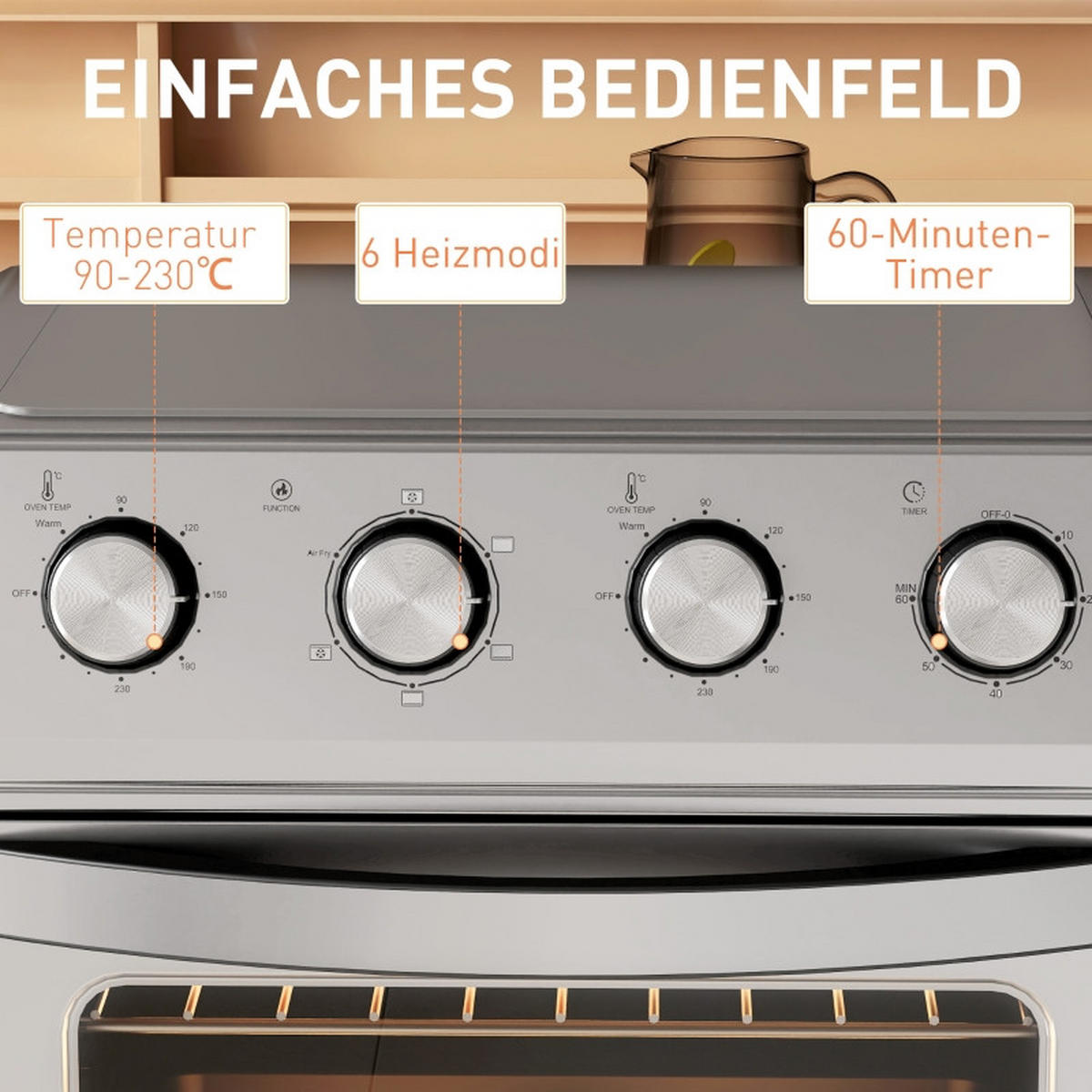 MINIBACKOFEN 24L mit Umluft, 6 Heizmodi Mini Ofen mit Backblech & Grillrost, Heißluftfritteuse Funktion, Silber - Silberfarben, Metall (40.6/36.8/39cm) - Beaface