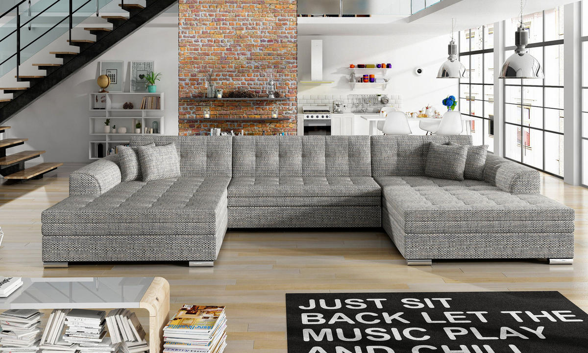 WOHNLANDSCHAFT VENTO U-Form – Großzügiges Ecksofa mit Schlaffunktion & Kissen 359 cm - Grau, Kunststoff (359/78/165cm) - Wohnideebilder