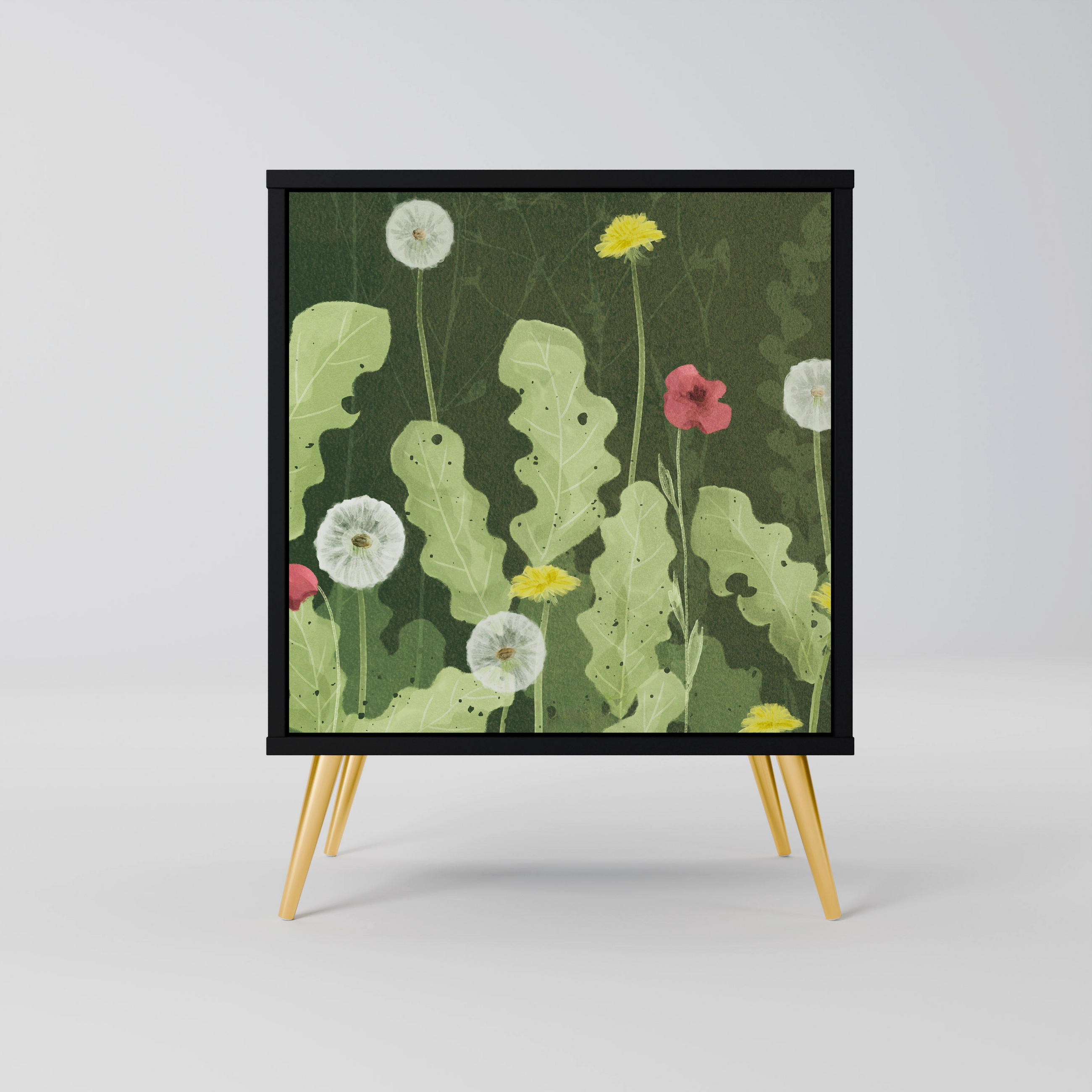SIDEBOARD DANDELION AMUSE, Schwarz, 57,5x42x75,5 cm, Goldfarbene Metallfüße - Goldfarben/Multicolor, Holzwerkstoff/Metall (57.5/75.5/42cm) - SpaceRebels