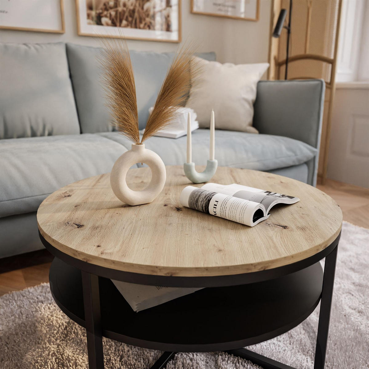 COUCHTISCH CIRI-X mit Regal Eichenholz Artisan - Schwarz/Eiche Artisan, Holzwerkstoff (70/70/45.6cm) - Lookway