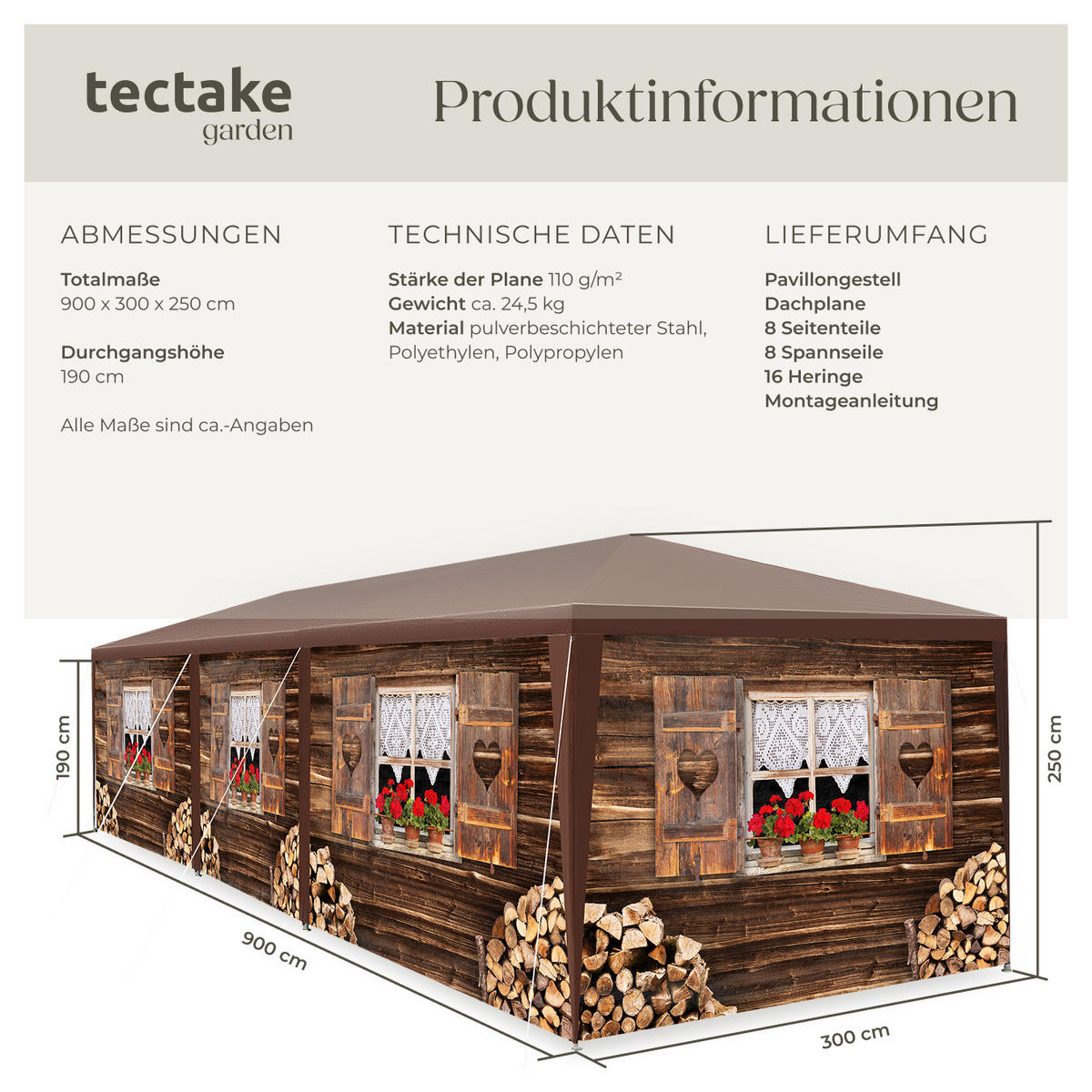PAVILLON Almchalet,wasserdicht,braun - Braun, Kunststoff (300/250/900cm) - tectake