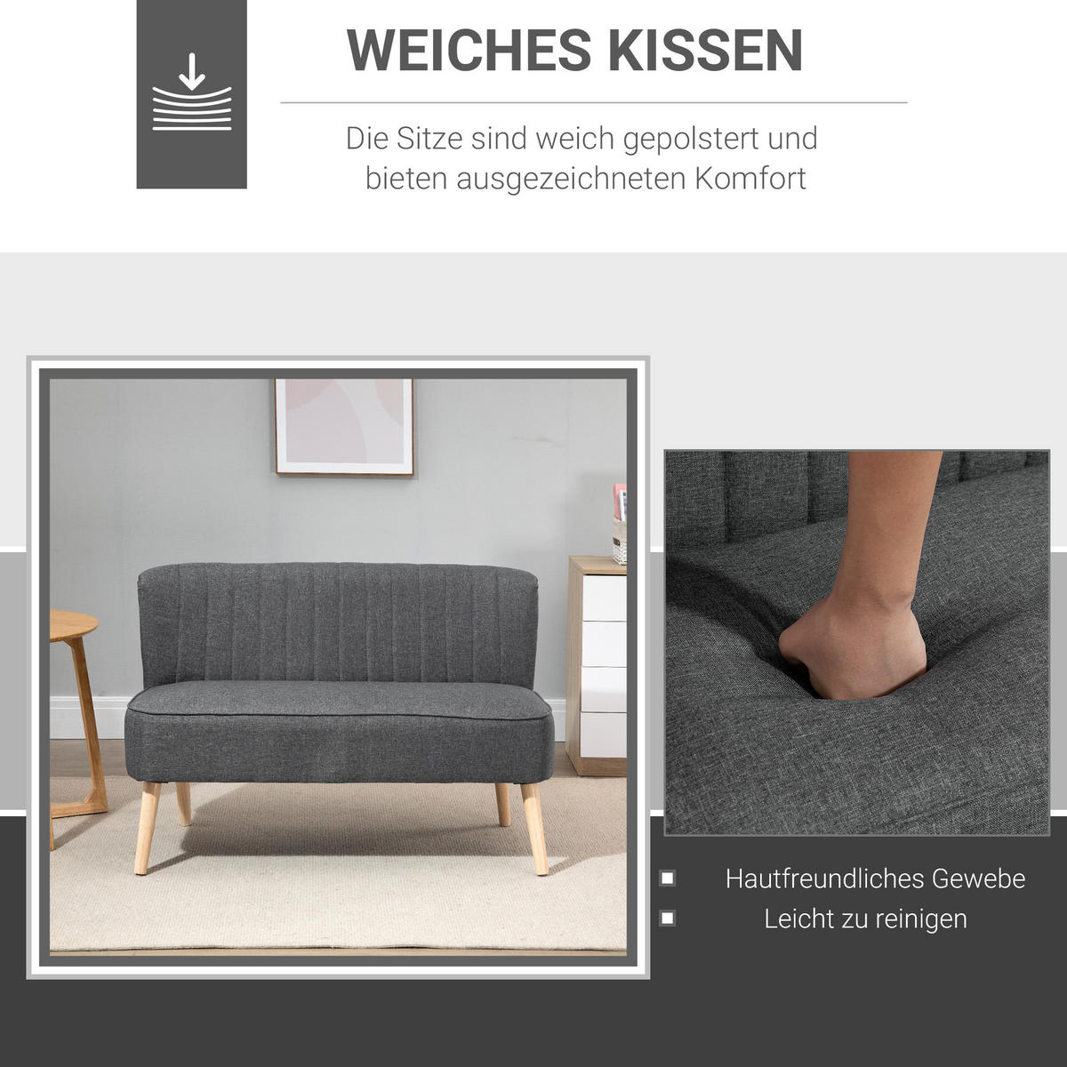 SOFA 2-Sitzer Couch Stoffsofa Sitzmöbel Polstersofa Loungesofa breit Hellgrau - Hellgrau/Naturfarben, Holz/Textil (56.5/77/117cm) - HOMCOM