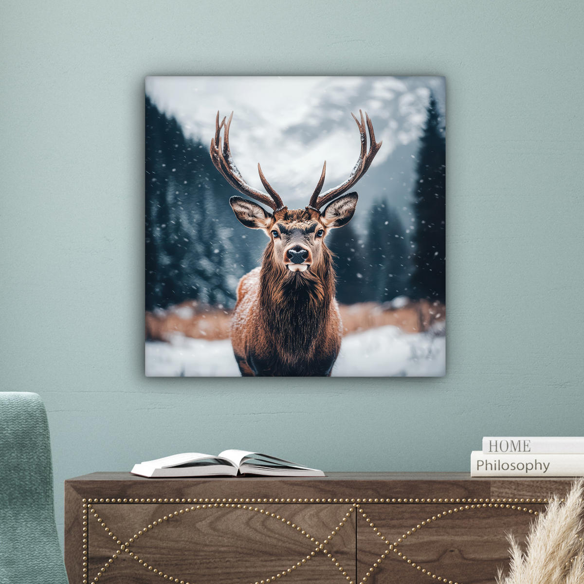 LEINWANDBILD Hirsche - Tiere - Landschaft - Winter - Schnee 50x50 cm - Kastanienfarben, Textil (50/50cm) - MuchoWow