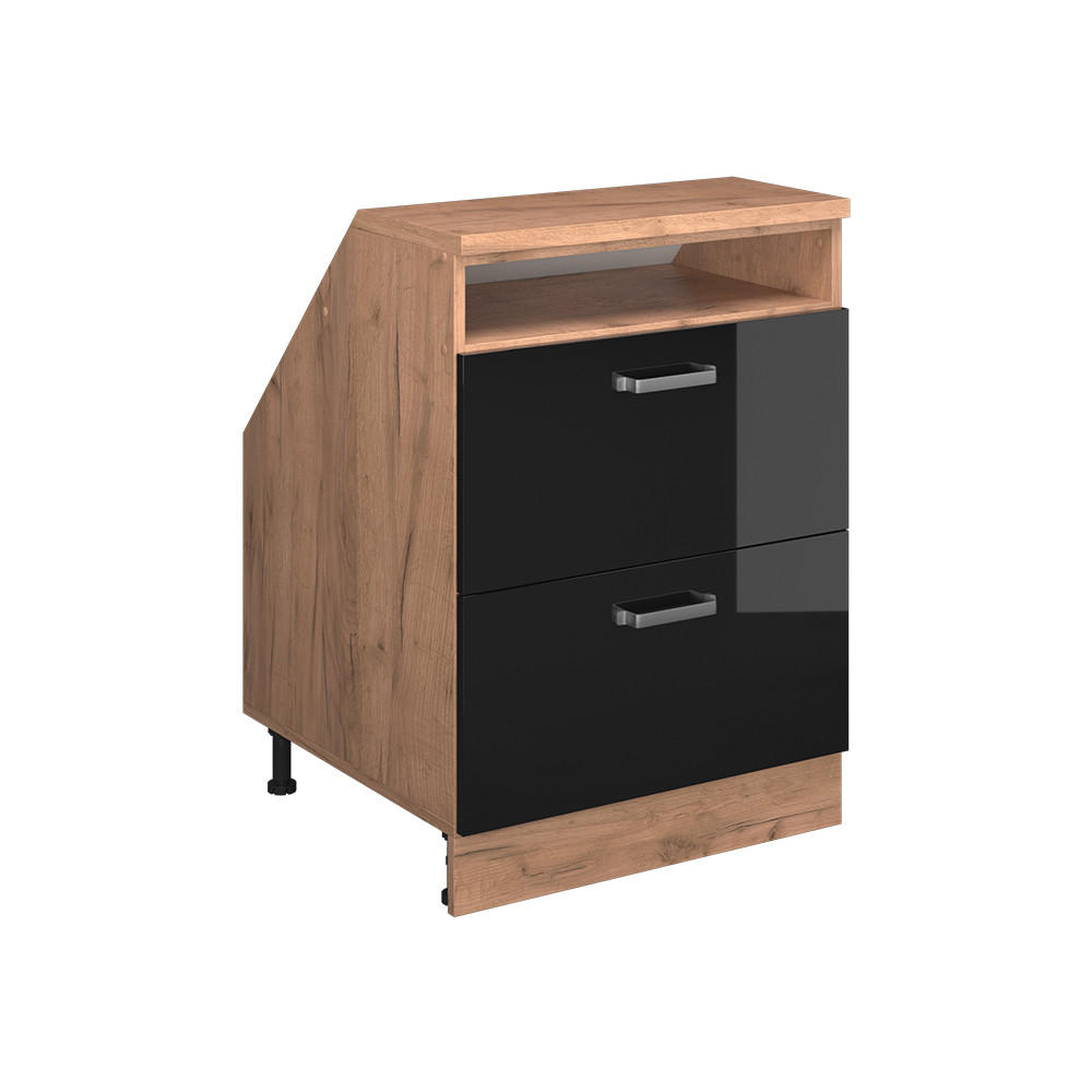 DACHSCHRÄGENSCHRANK Rion Schwarz Hochglanz 60 x 81.6 cm mit 2 Schubladen, Schrankkorpus 60 cm Tiefe - Honigeiche/Schwarz Hochglanz, Holzwerkstoff (60/83.8/60cm) - Vicco