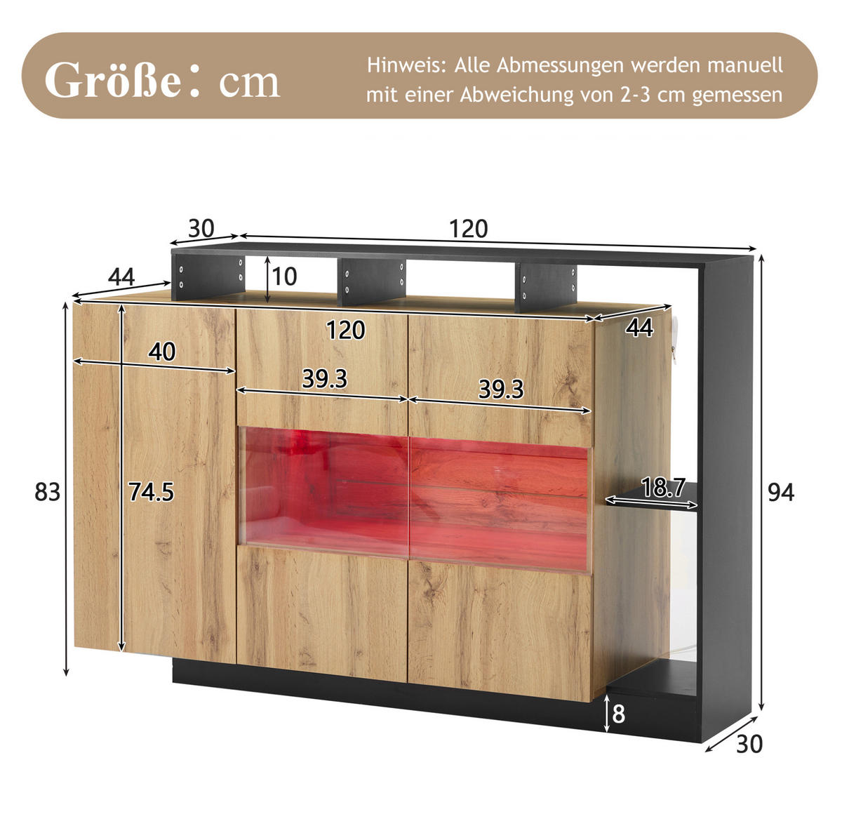 KOMODA z MDF 140x44x93,5 cm v dekoru dřeva s LED osvětlením, Bluetooth ovládáním a nastavitelnými policemi - přírodní, kompozitní dřevo (140/93.5/44cm) - Modfu