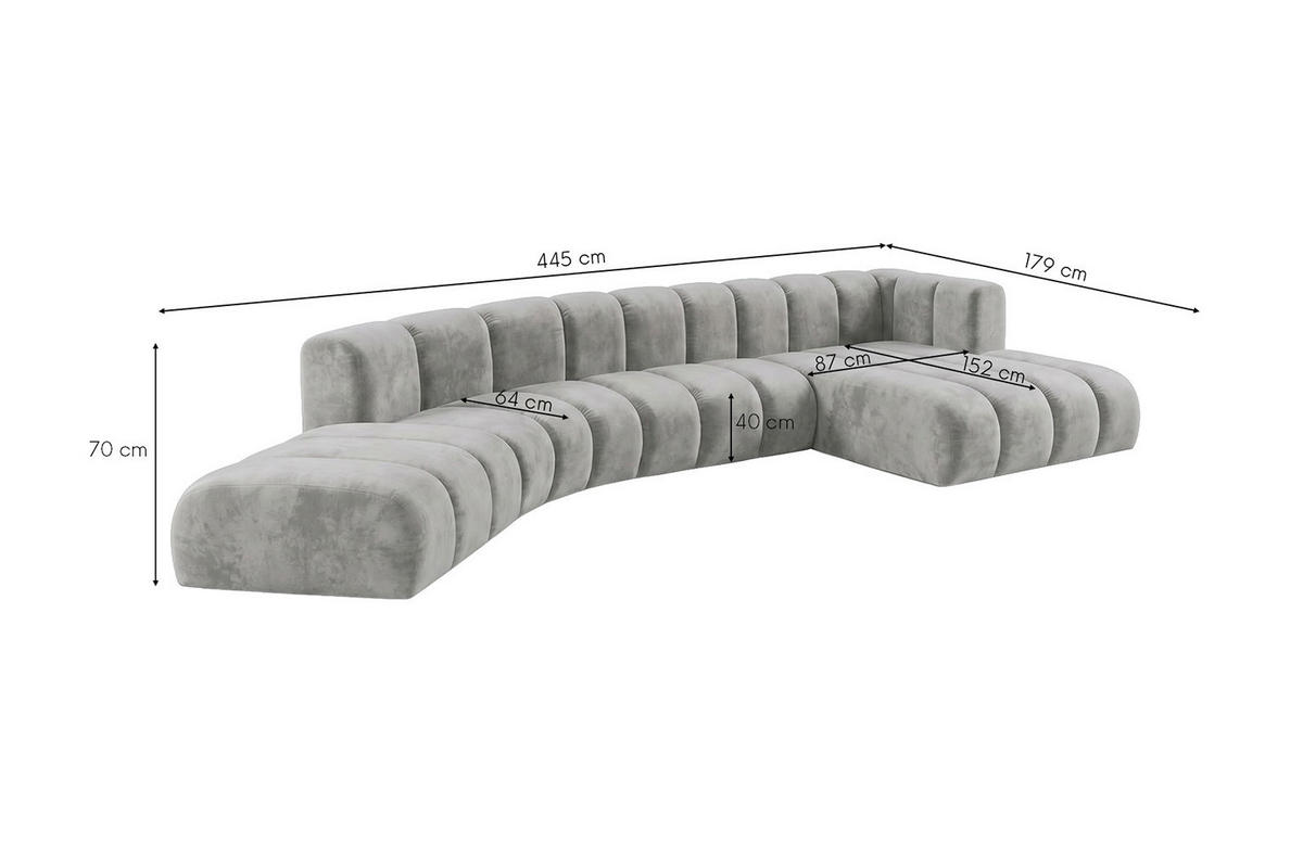 ECKSOFA Modulares In L-Form, Velvet-Stoff Riviera, Grau, Rechts, GRAND Round - Grau, Holz (445/179cm) - Kaiser Möbel