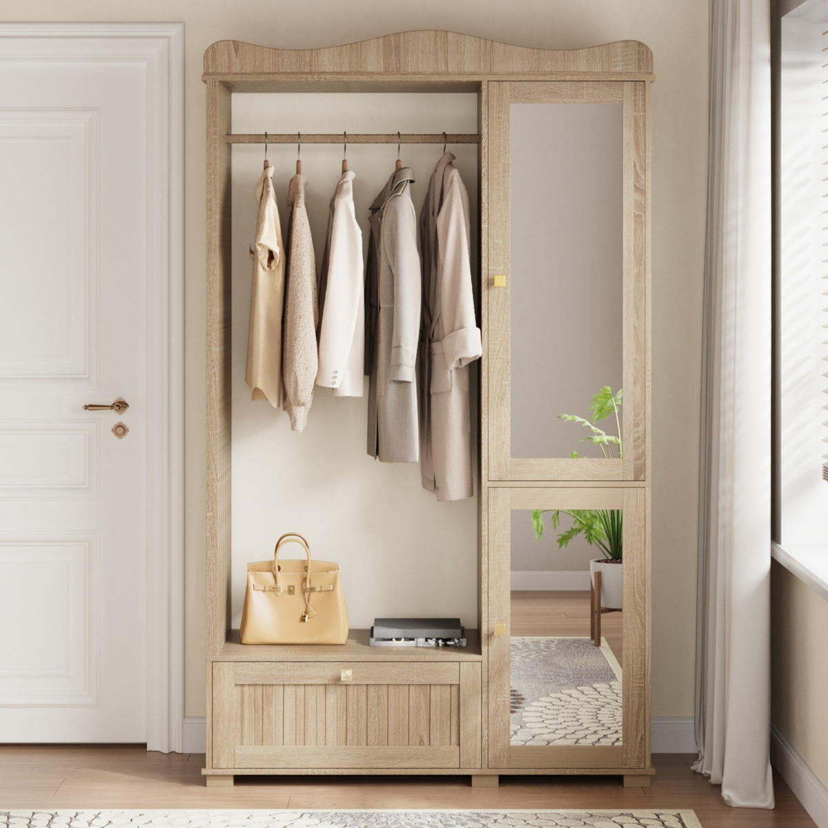 ŠATNÍ skříň 115,5/38,5/194,5 cm dubová z MDF s otevřeným věšákem a zrcadlem - barva dubu, kompozitní dřevo (115.5/194.5/38.5cm) - OKWISH