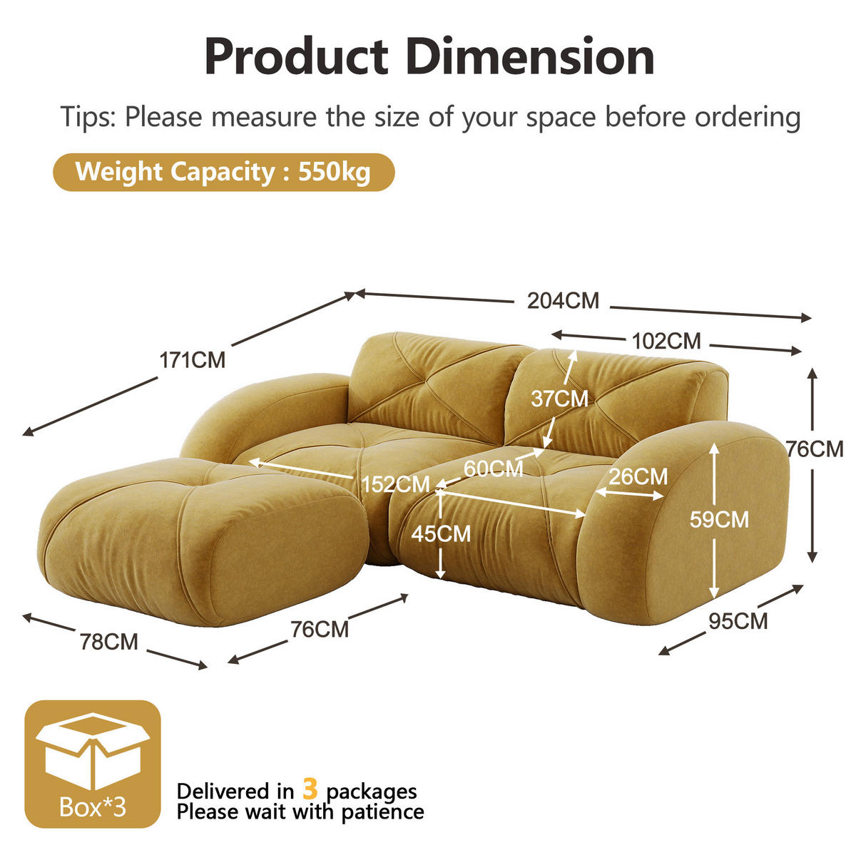 MODULARES 2-Sitzer-Sofa mit Hocker, rahmenloses Design und 32D-Schaumstoff, Gelb - Gelb, Textil (204/76/171cm) - Redom