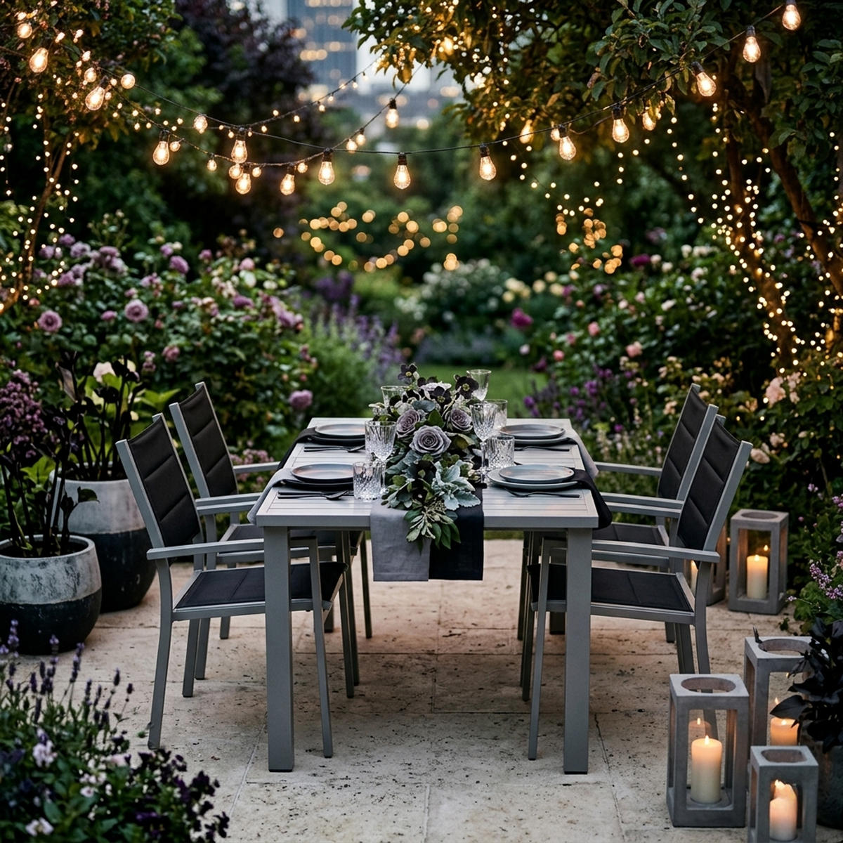 GARTEN-GARNITUR Ashford - 5-teilige Garten-Essgruppe (4x Sessel Aluminium silbergrau + Textilgewebe gepolstert schwarz - Schwarz, Metall - TPFGarden