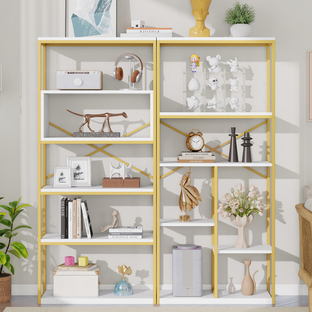 BÜCHERREGAL in Gold und Weiß Regal aus Stahlrohren und MDF mit Stauraumfächern für Wohnzimmer, B160/T29.5/H180 cm - Goldfarben, Holzwerkstoff/Metall (160/180/39.5cm) - STILVORA