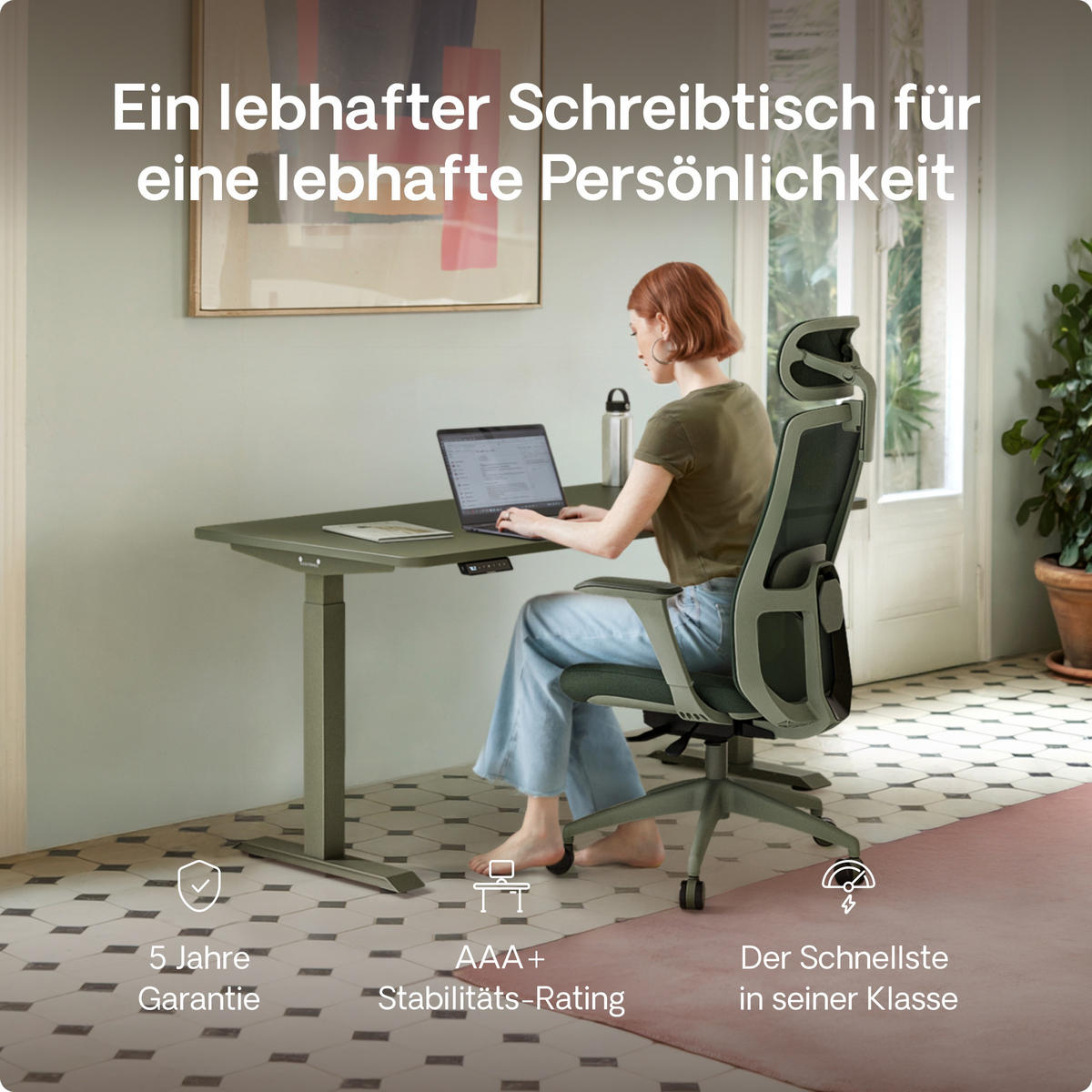 SCHREIBTISCH Elektrisch Höhenverstellbarer HomeOne 120x60cm Grün/Grün mit Memory-Funktion, Anti-Kollisions Technologie - Grün, Holzwerkstoff (60/120/72cm) - Desktronic