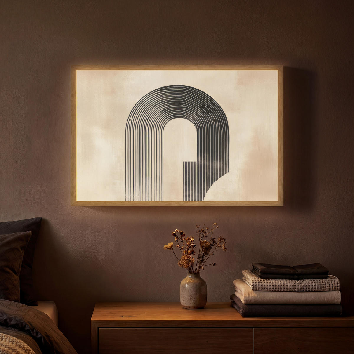 NÁSTĚNNÁ LAMPA S AKUMULÁTOREM Luk - Pruhy - Minimalistický - Černý 60x40 cm - béžová, kompozitní dřevo (60/40/8cm) - OnlyWow